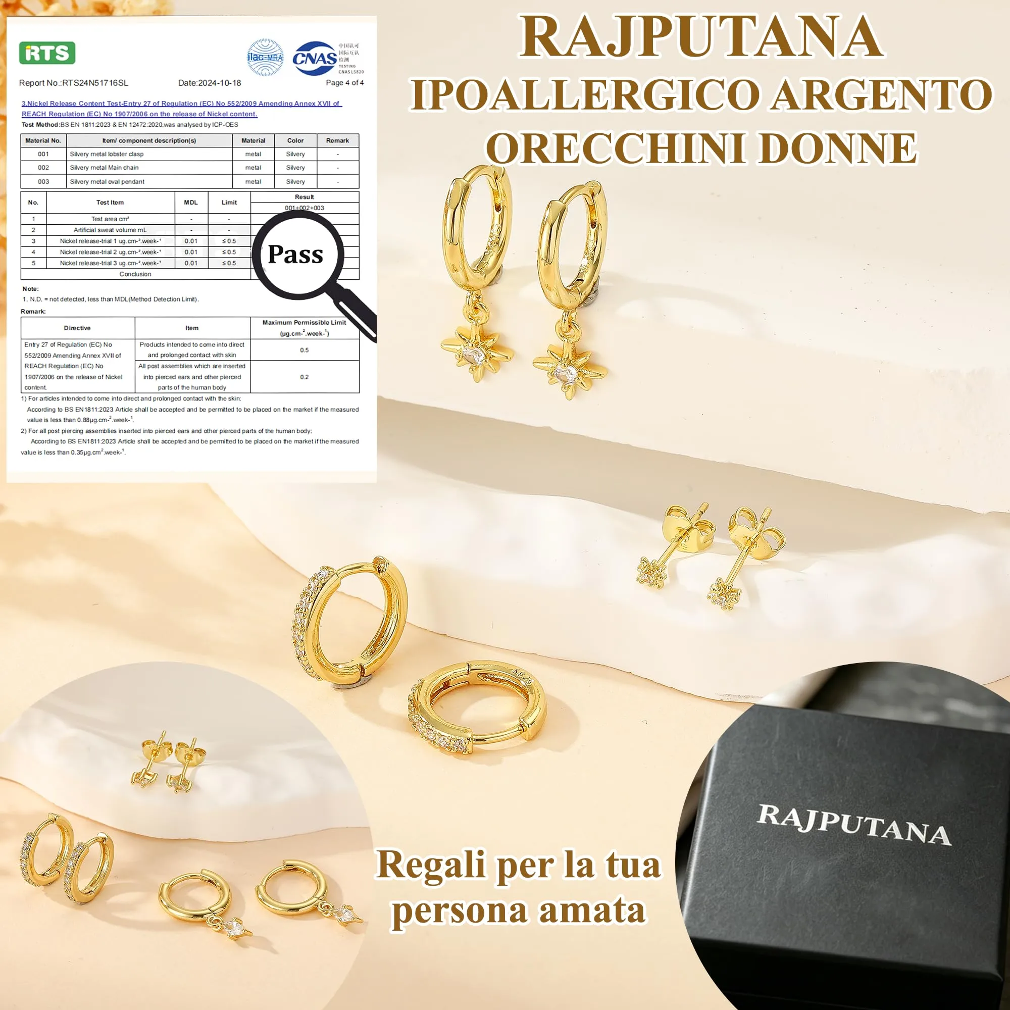 Rajputana Set 3 Paia Orecchini a Cerchio in Oro e Zirconi Anallergici - immagine 4