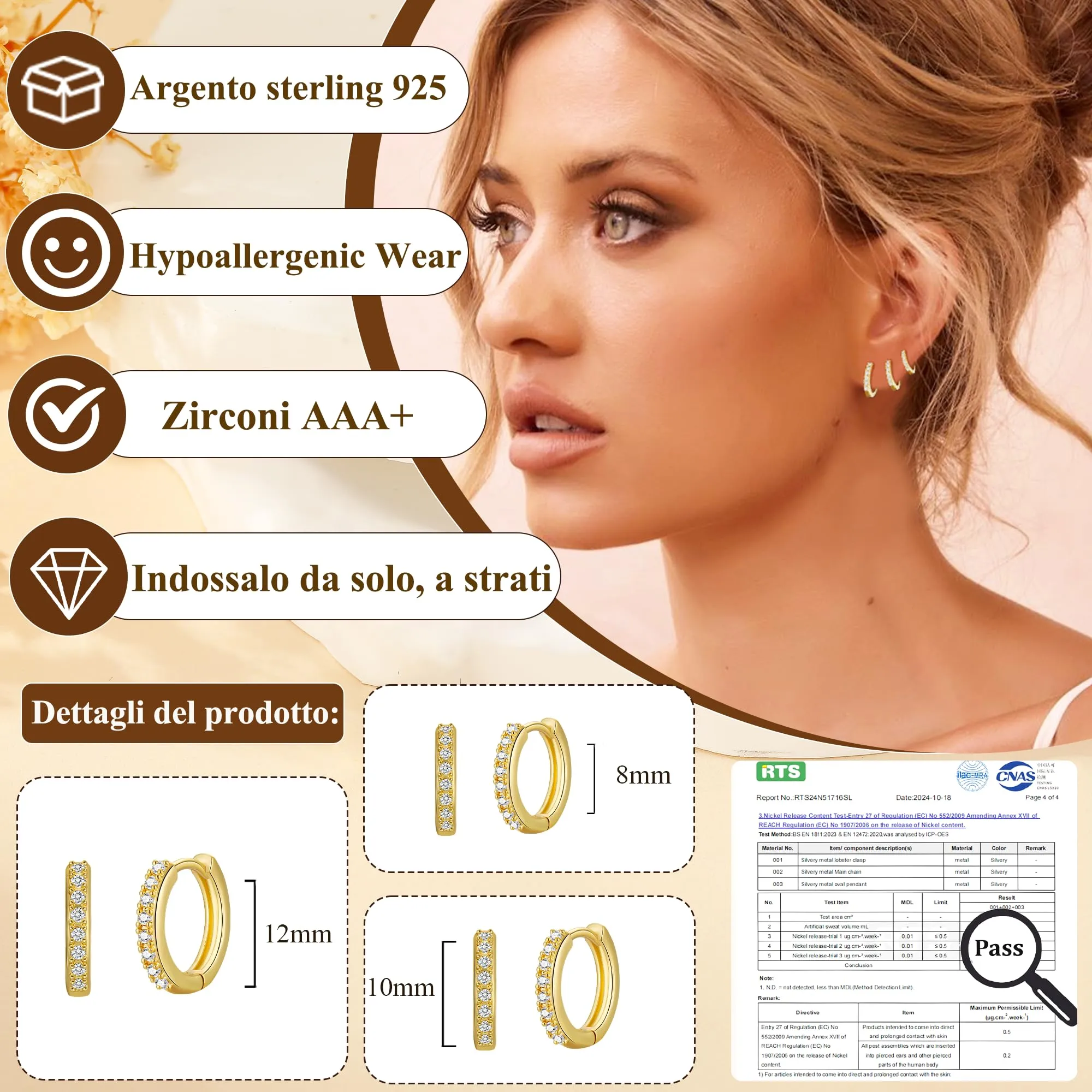 Rajputana Set 3 Paia Orecchini a Cerchio Donna Oro, 8mm 10mm 12mm, Anallergici - immagine 2