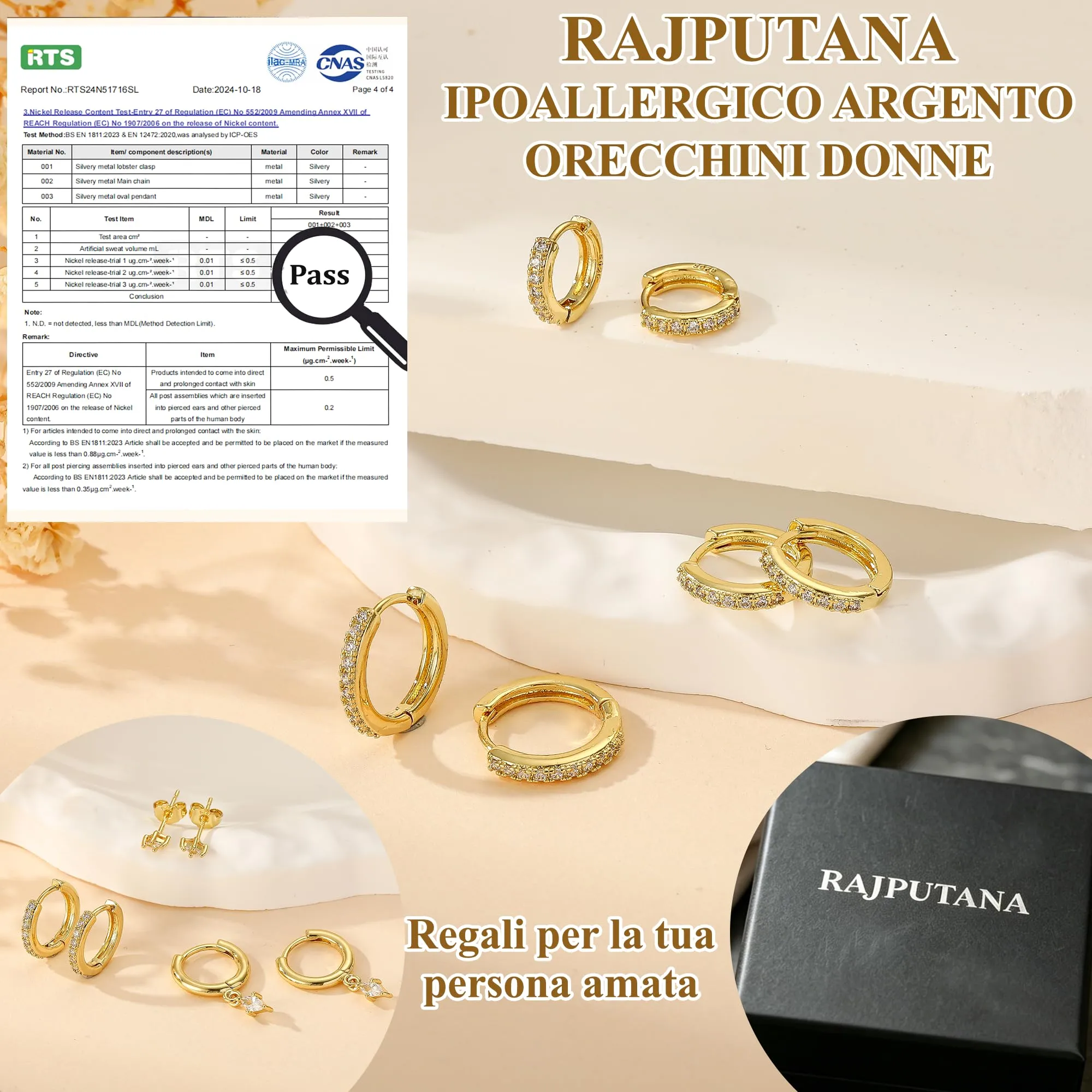 Rajputana Set 3 Paia Orecchini a Cerchio Donna Oro, 8mm 10mm 12mm, Anallergici - immagine 4