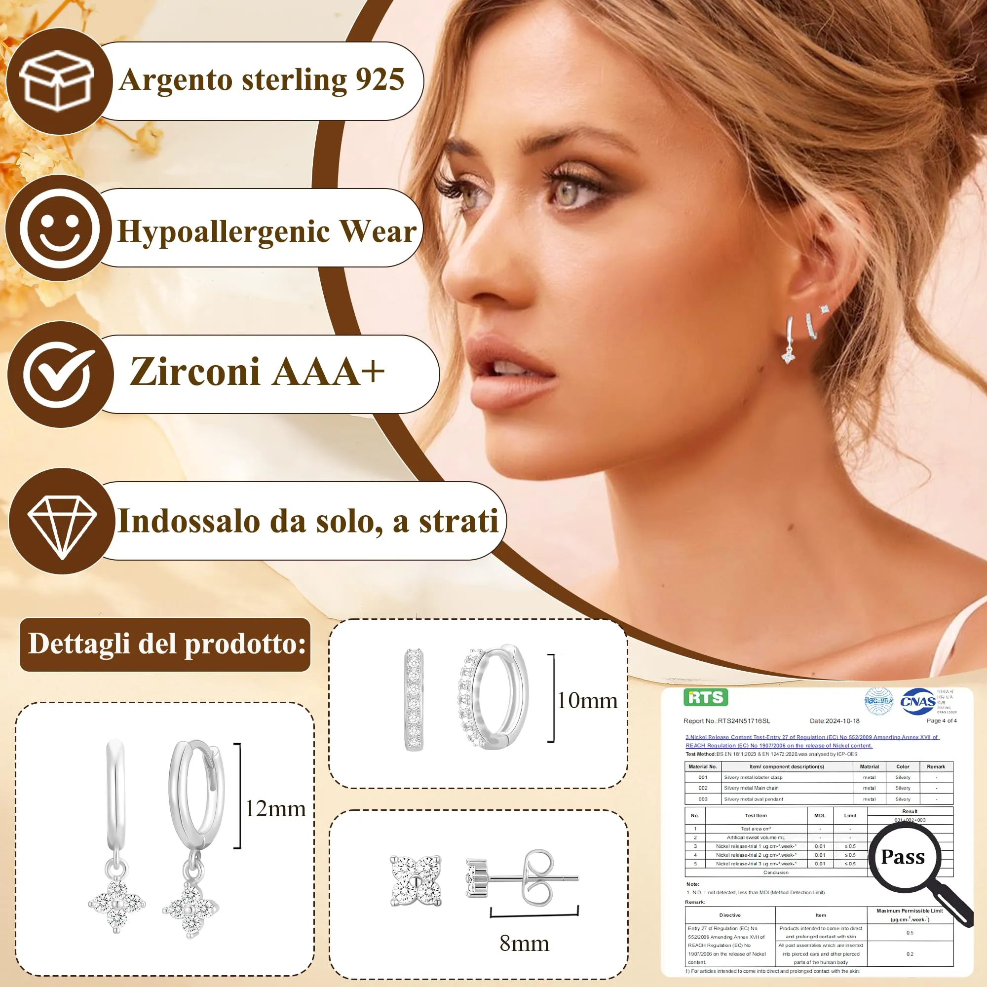 Rajputana Set 3 Paia Orecchini a Cerchio e Pendenti in Argento con Zirconi, Anallergici, Silver-2 - immagine 2