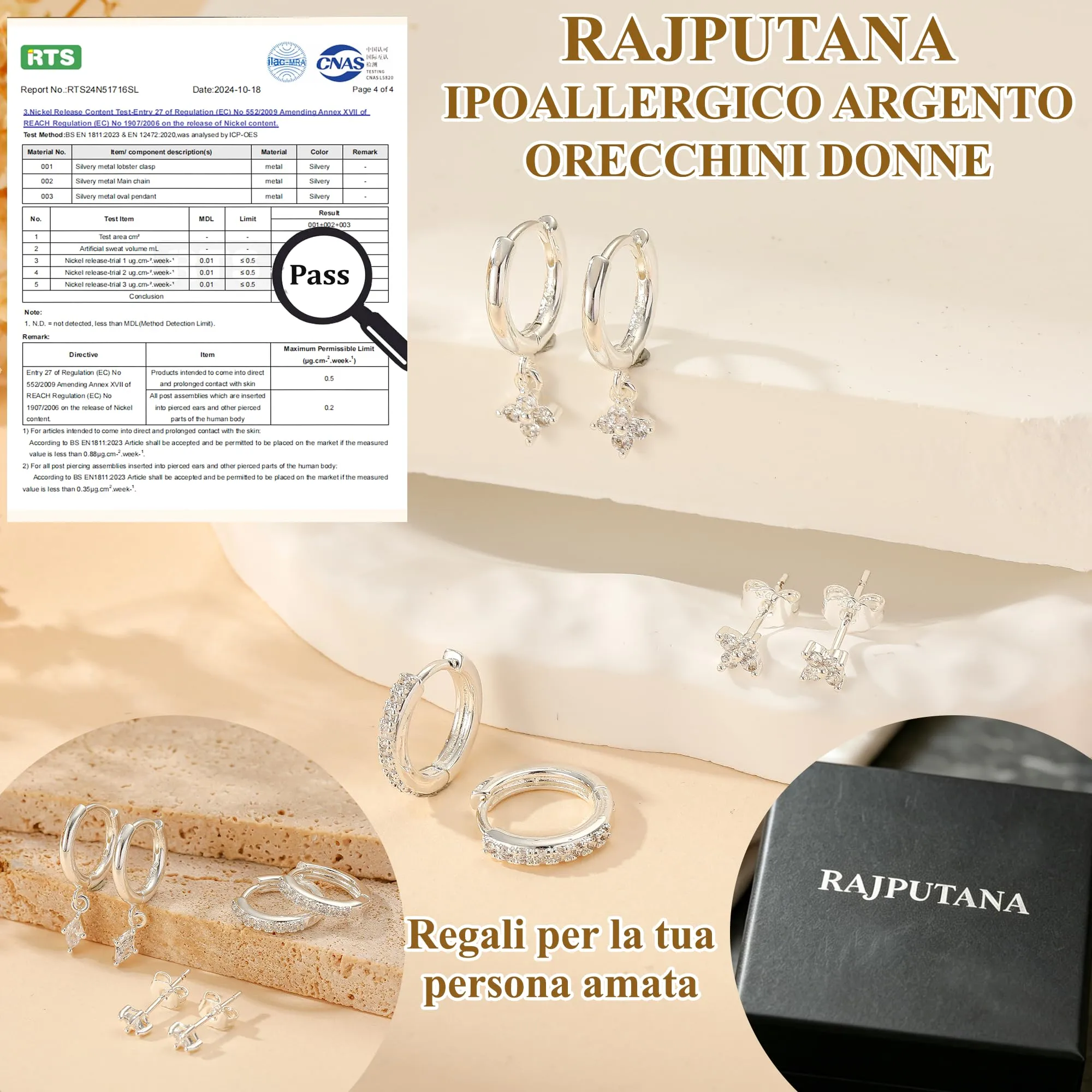 Rajputana Set 3 Paia Orecchini a Cerchio e Pendenti in Argento con Zirconi, Anallergici, Silver-2 - immagine 4
