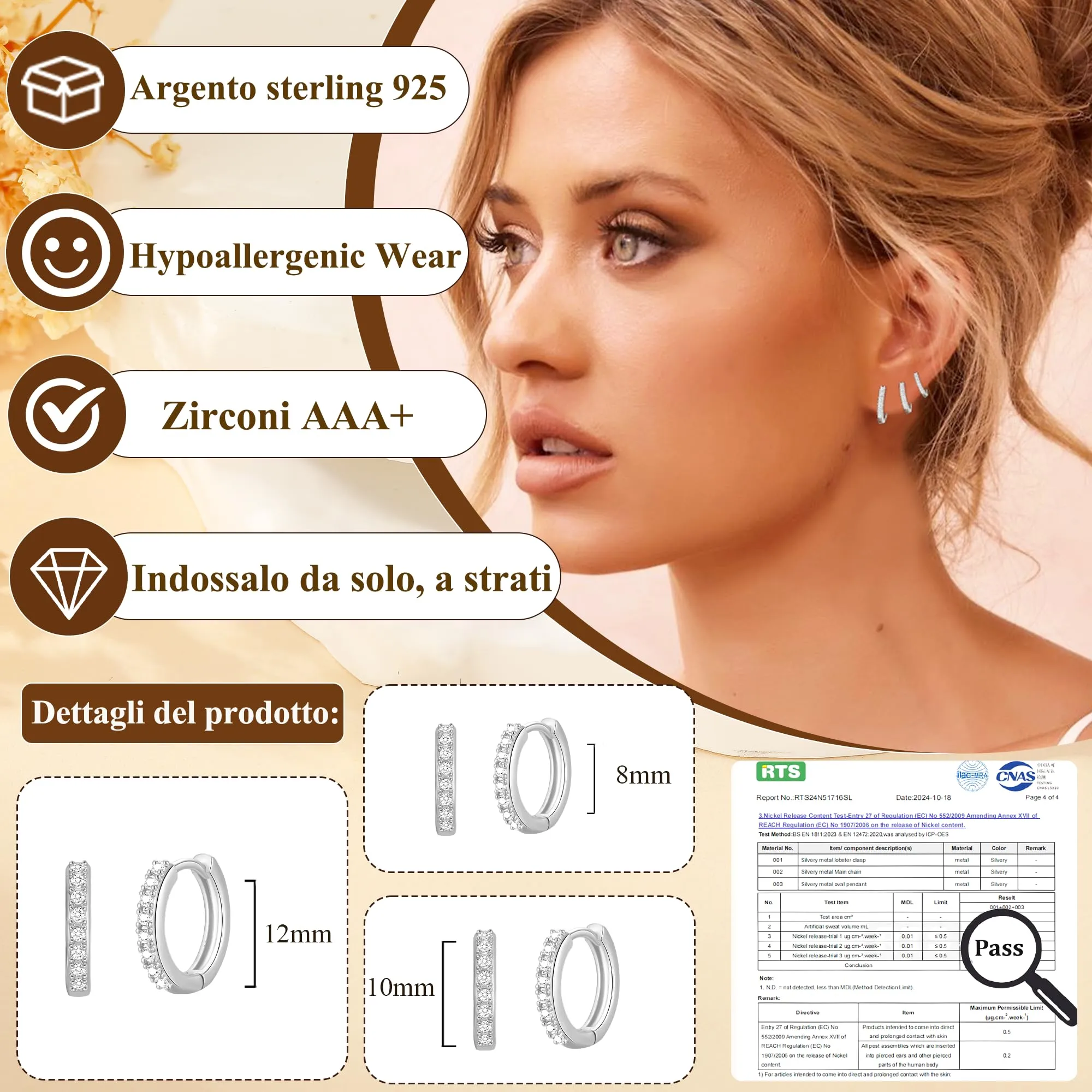 Rajputana Set 3 Paia Orecchini a Cerchio Piccoli in Argento Ipoallergenici per Donna - immagine 2