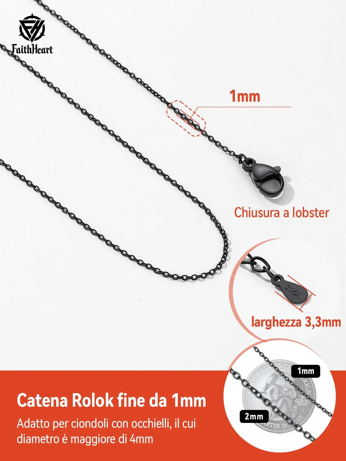 FaithHeart Collana Catenina in Acciaio Inossidabile 1mm Oro, 70cm - immagine 6