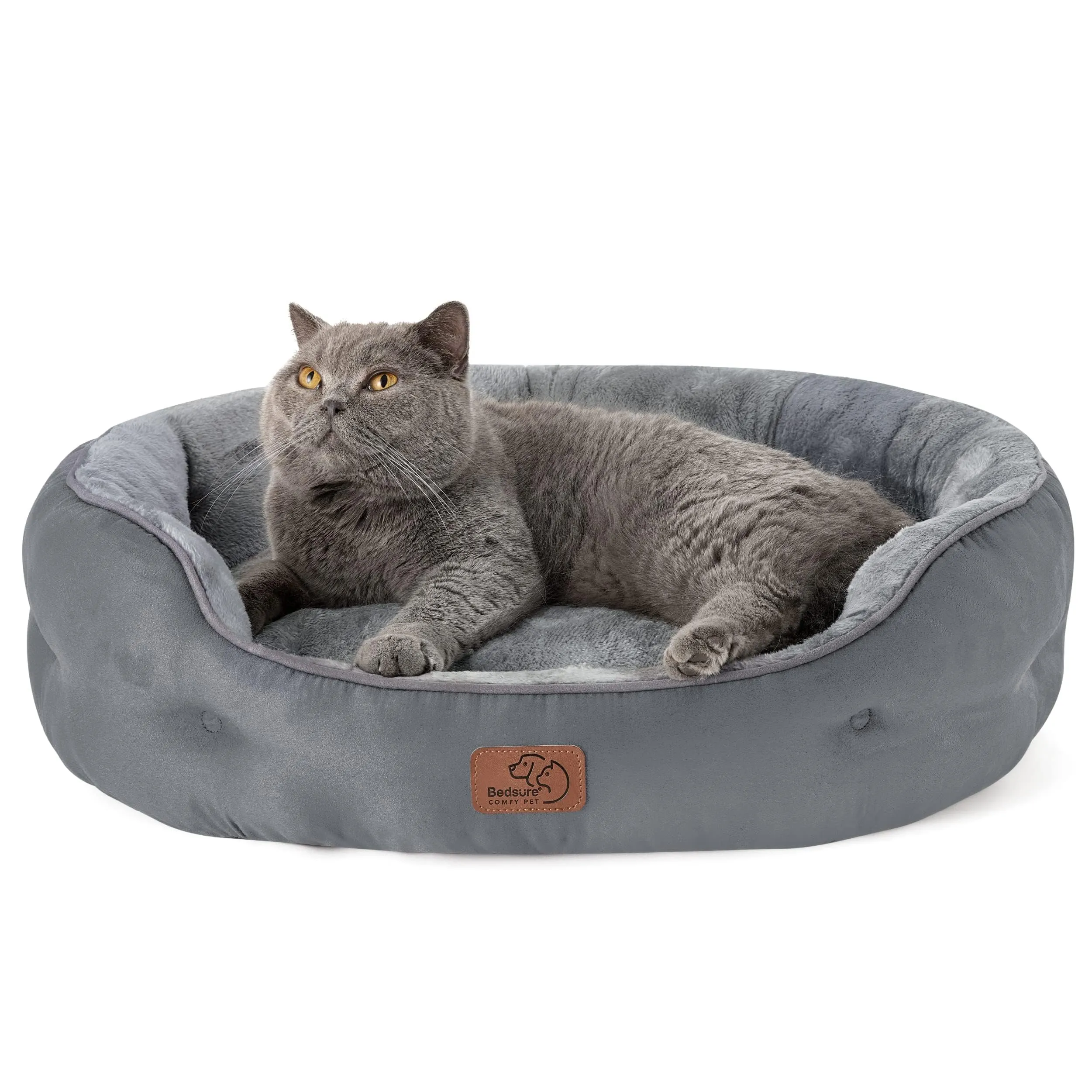 Bedsure Letto Rotondo per Cani e Gatti, Fondo Antiscivolo, Grigio, 63 x 53 x 20 cm - immagine 1