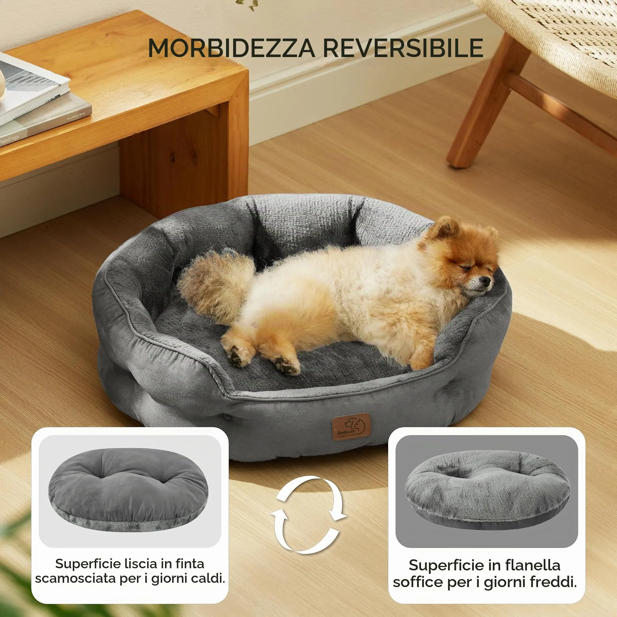 Bedsure Letto Rotondo per Cani e Gatti, Fondo Antiscivolo, Grigio, 63 x 53 x 20 cm - immagine 2