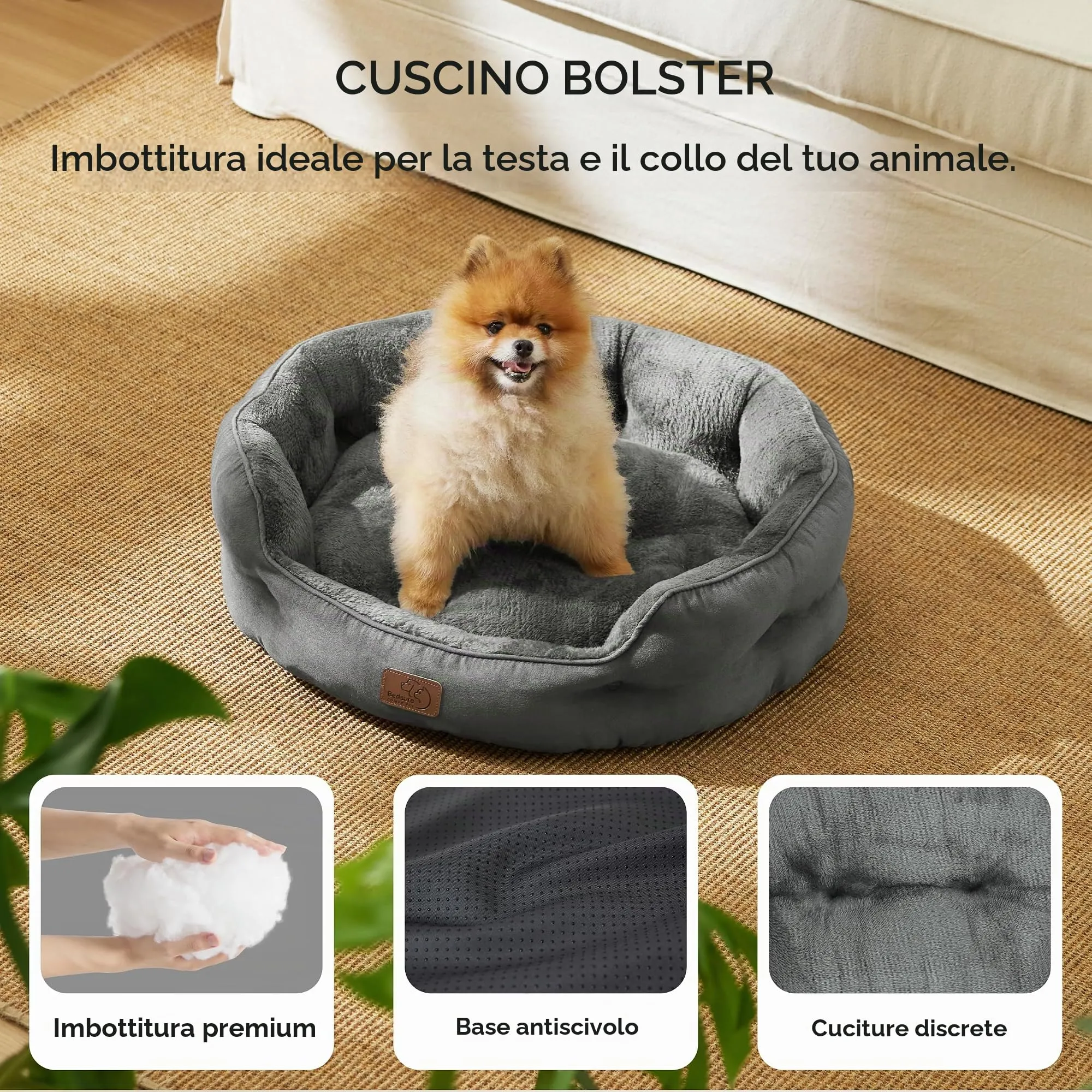 Bedsure Letto Rotondo per Cani e Gatti, Fondo Antiscivolo, Grigio, 63 x 53 x 20 cm - immagine 3