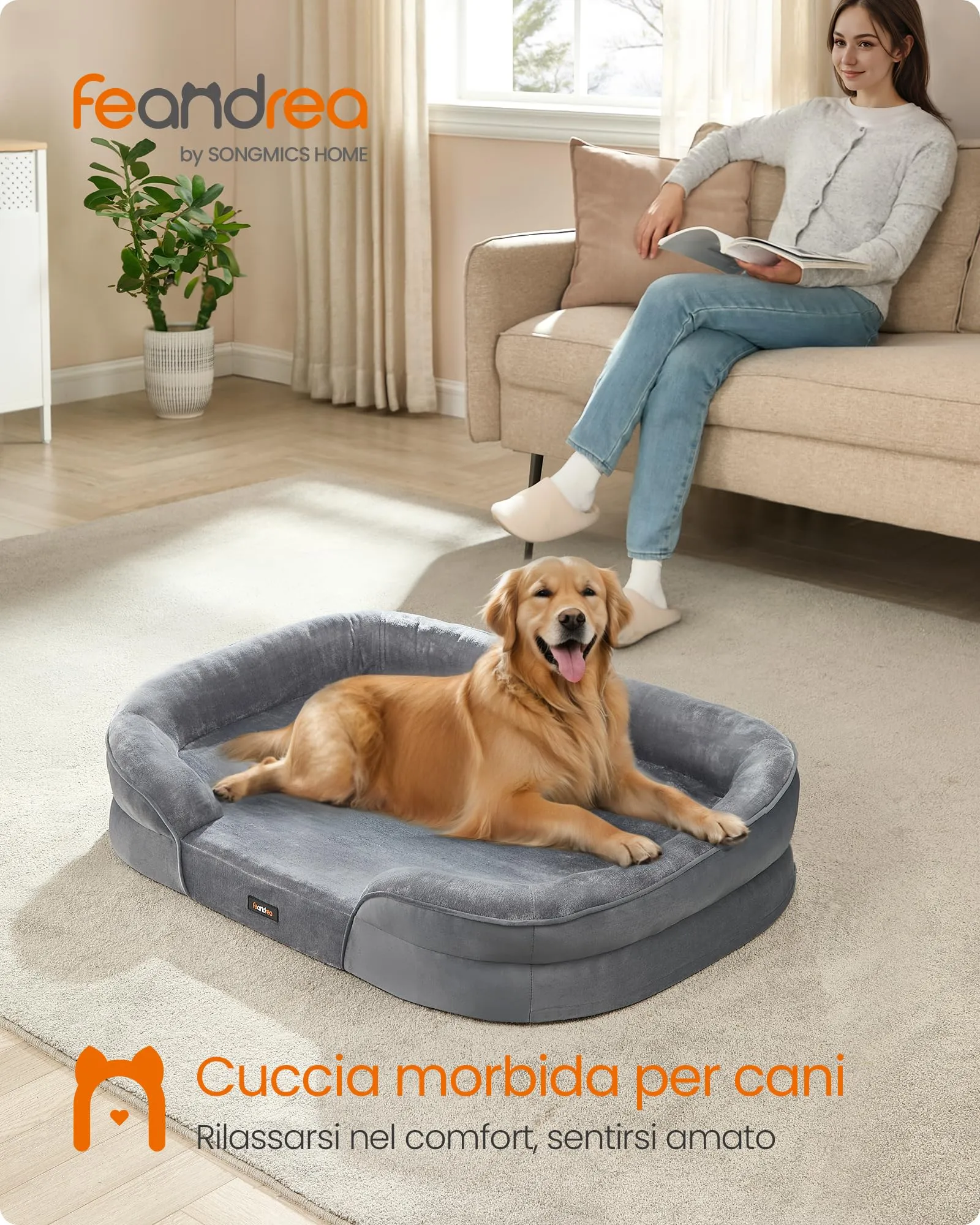 Feandrea Cuccia per Cani di Taglia Grande Ortopedica, 106 x 76 x 18 cm, Grigio Chiaro PGW283G01 - immagine 2