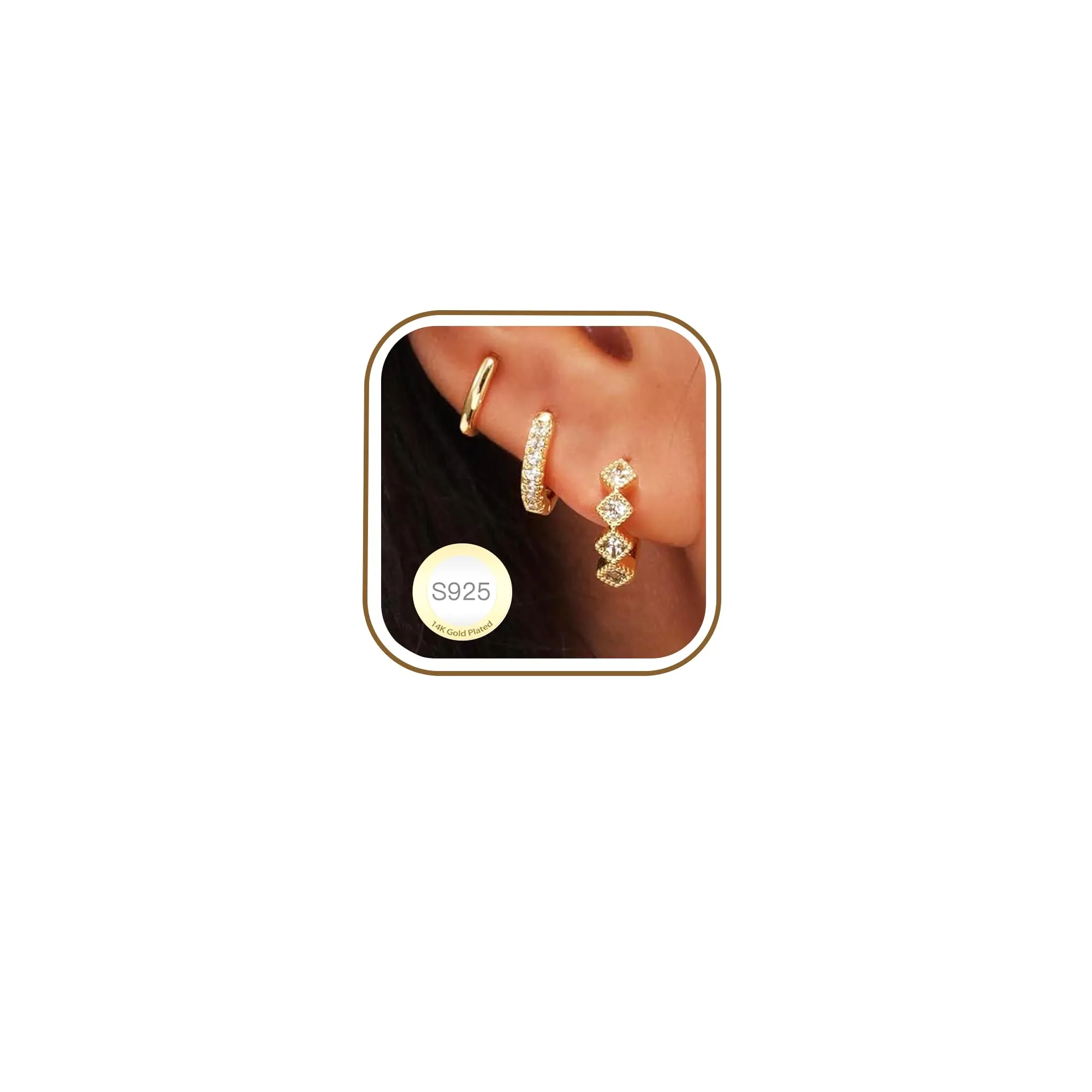 Rajputana Set 3 Paia Orecchini a Cerchio Donna Oro, Anallergici, 8mm 10mm 12mm - immagine 1
