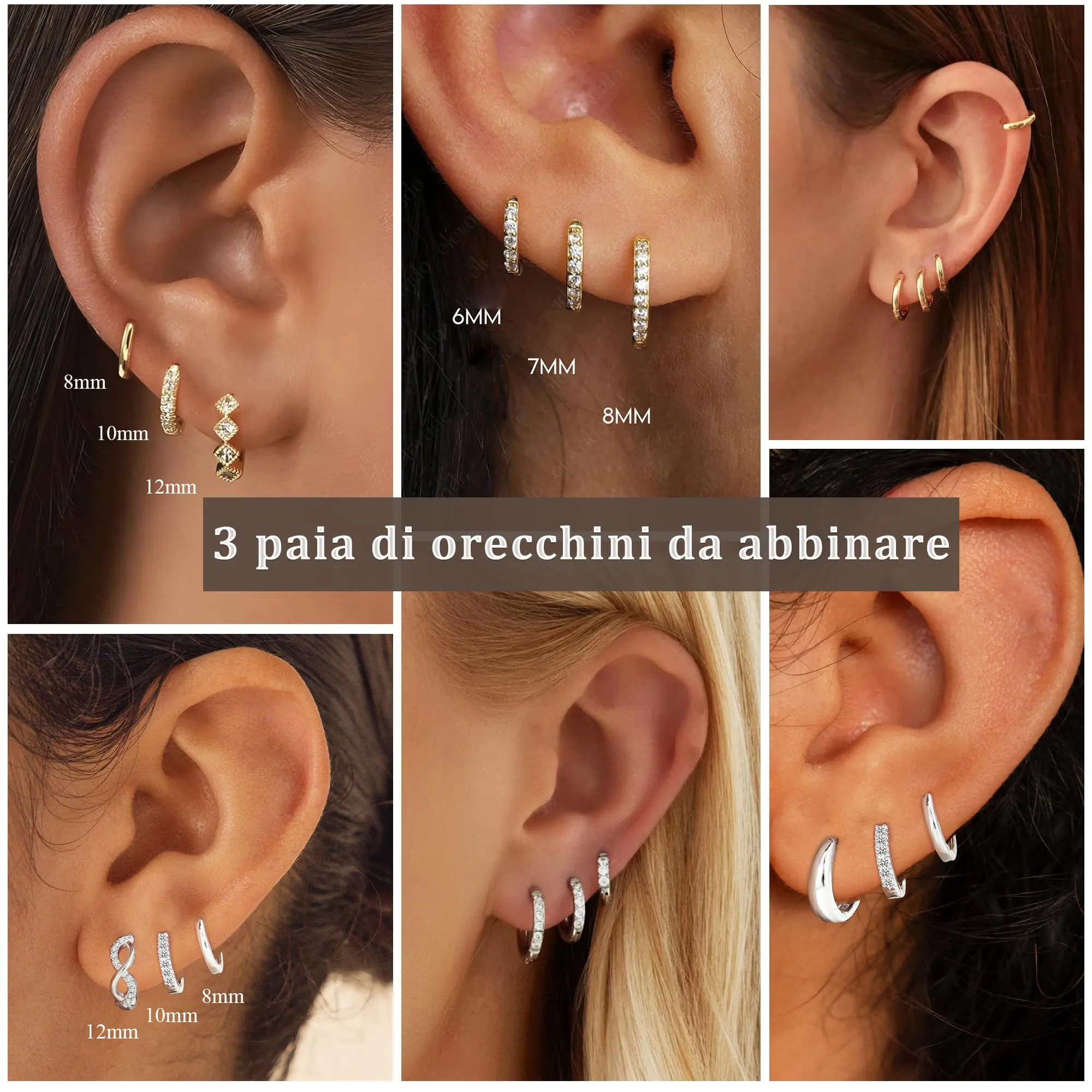 Rajputana Set 3 Paia Orecchini a Cerchio Donna Oro, Anallergici, 8mm 10mm 12mm - immagine 3