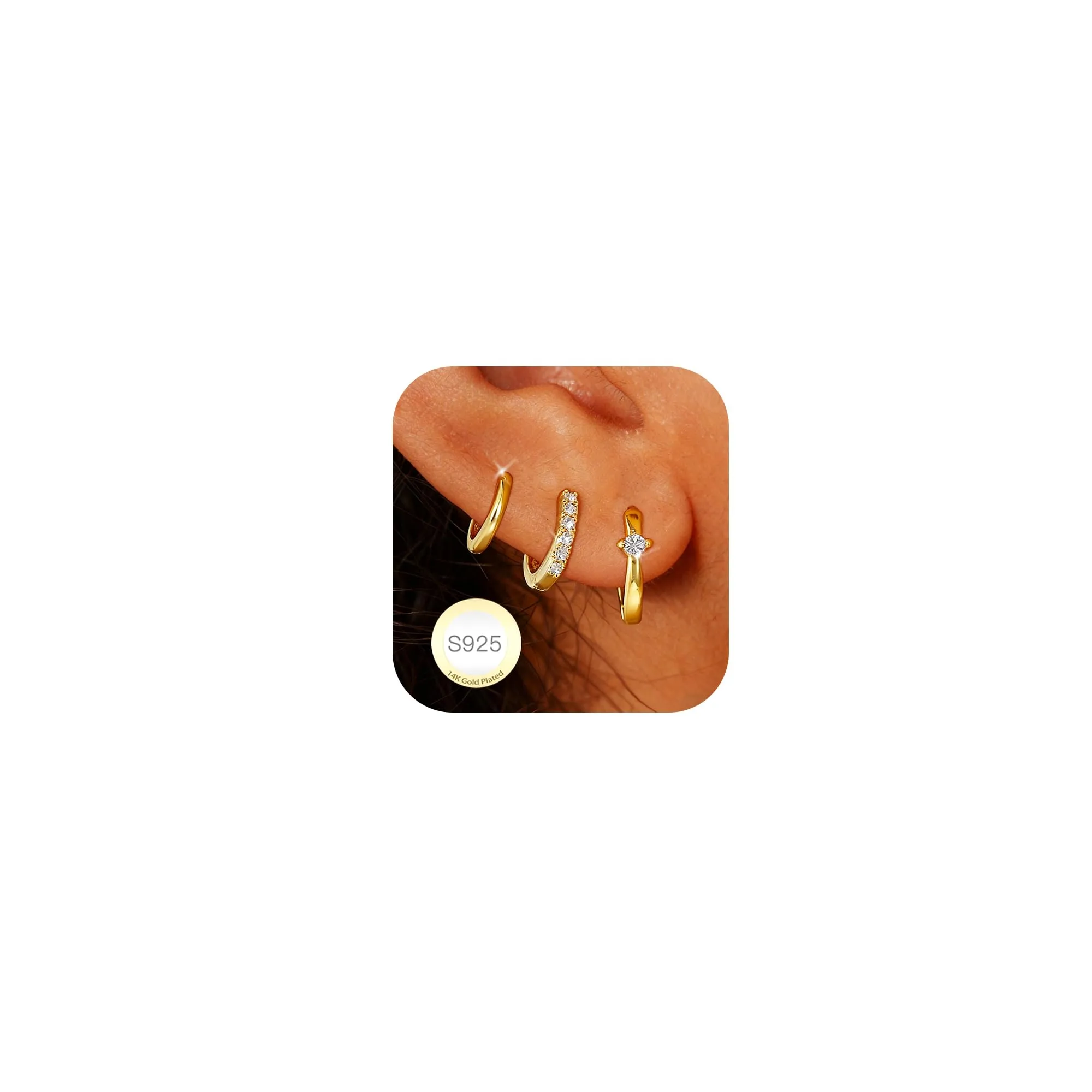 Rajputana Set 3 Paia Orecchini a Cerchio Oro per Donna, Anallergici, 8mm 10mm 12mm - immagine 1