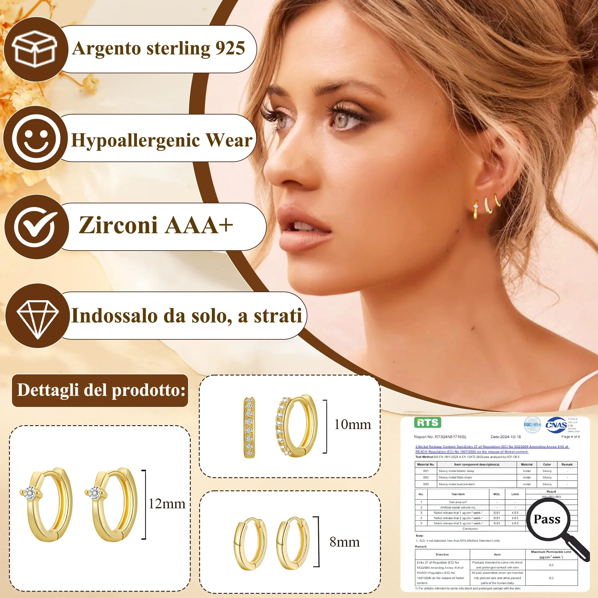 Rajputana Set 3 Paia Orecchini a Cerchio Oro per Donna, Anallergici, 8mm 10mm 12mm - immagine 2