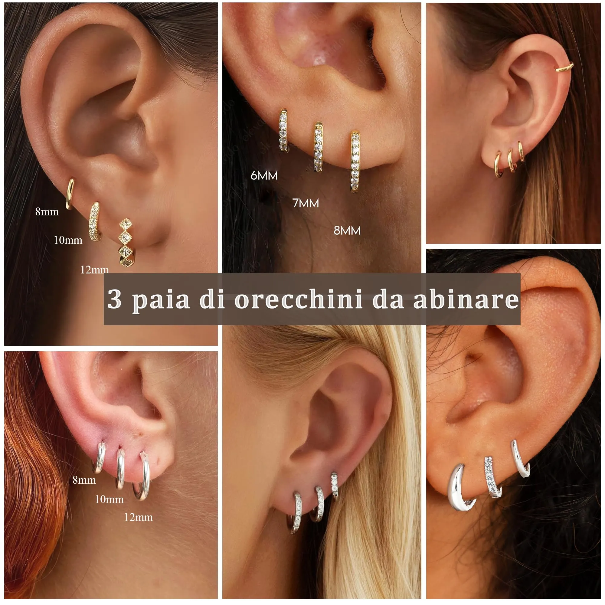 Rajputana Set 3 Paia Orecchini a Cerchio Oro per Donna, Anallergici, 8mm 10mm 12mm - immagine 3