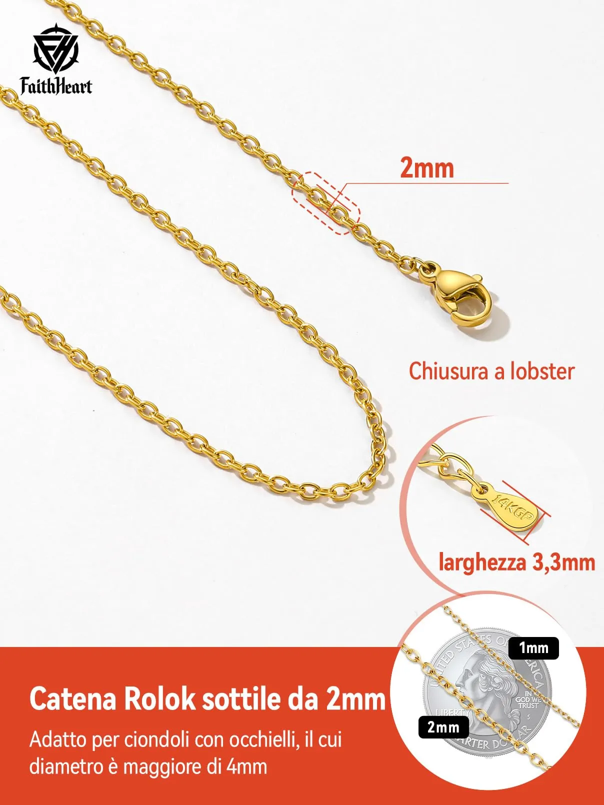 FaithHeart Collana Catenina Donna in Acciaio Inossidabile Oro 2mm 50cm - immagine 6