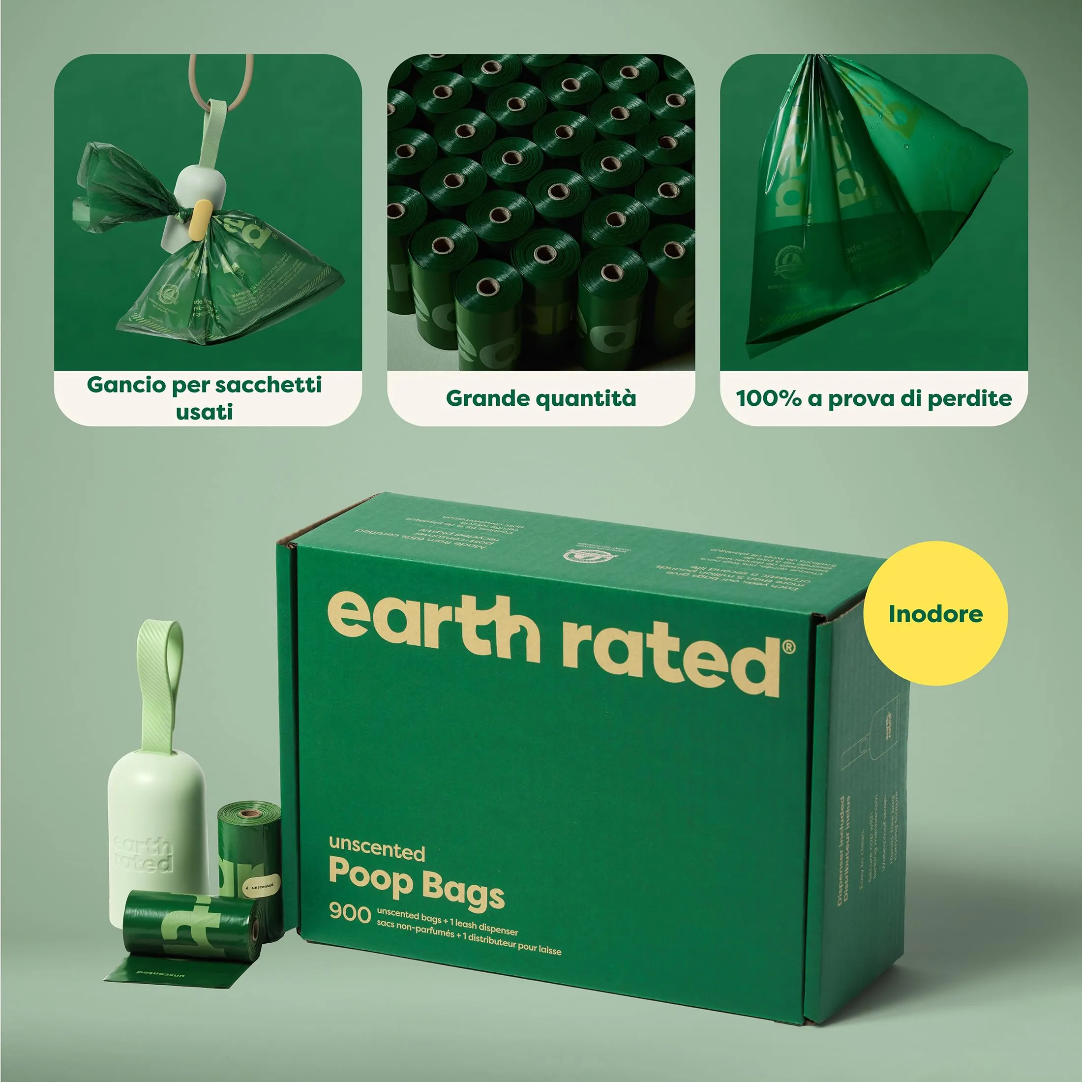 Earth Rated Dispenser per sacchetti igienici per cani, senza profumo, 1 dispenser e 900 sacchetti - immagine 3