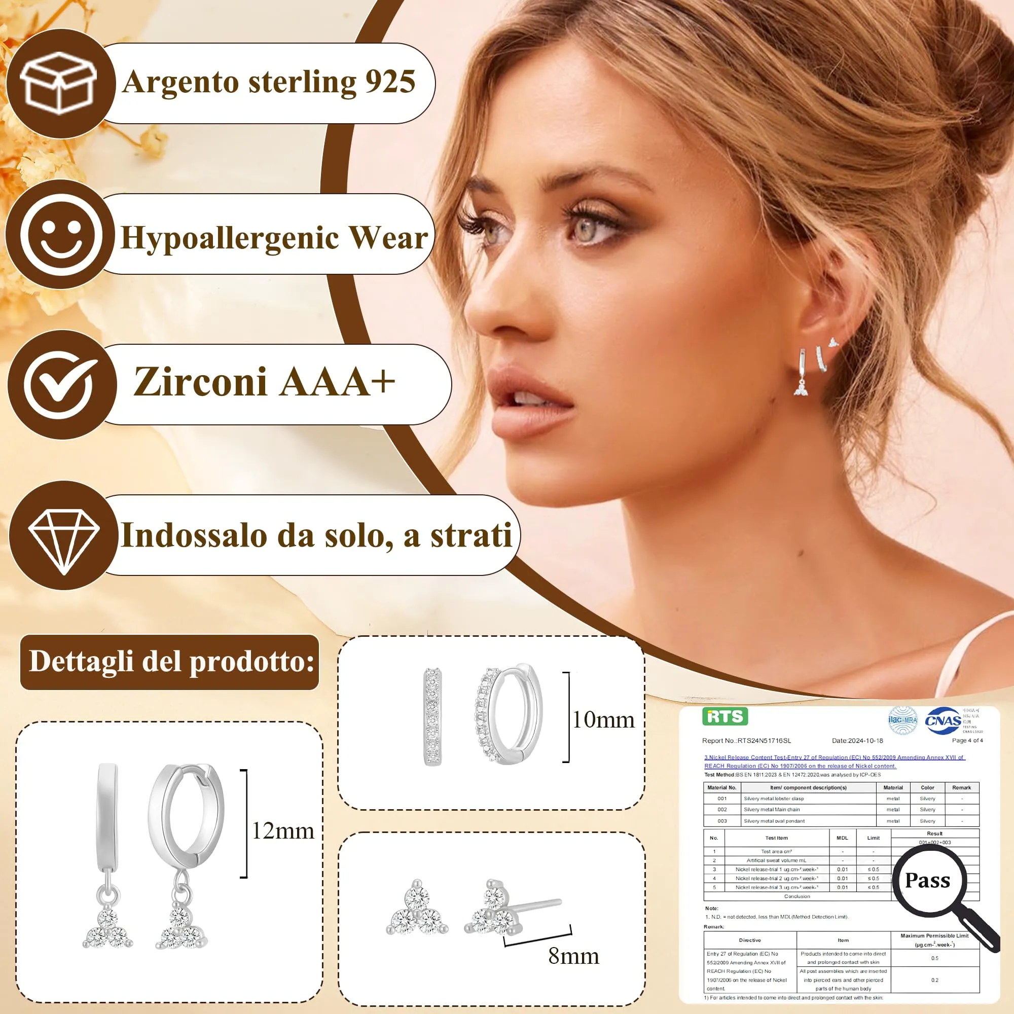 Rajputana Set di 3 paia di Orecchini a Cerchio e Pendenti in Argento con Zirconi, Anallergici, RIV001 - immagine 2