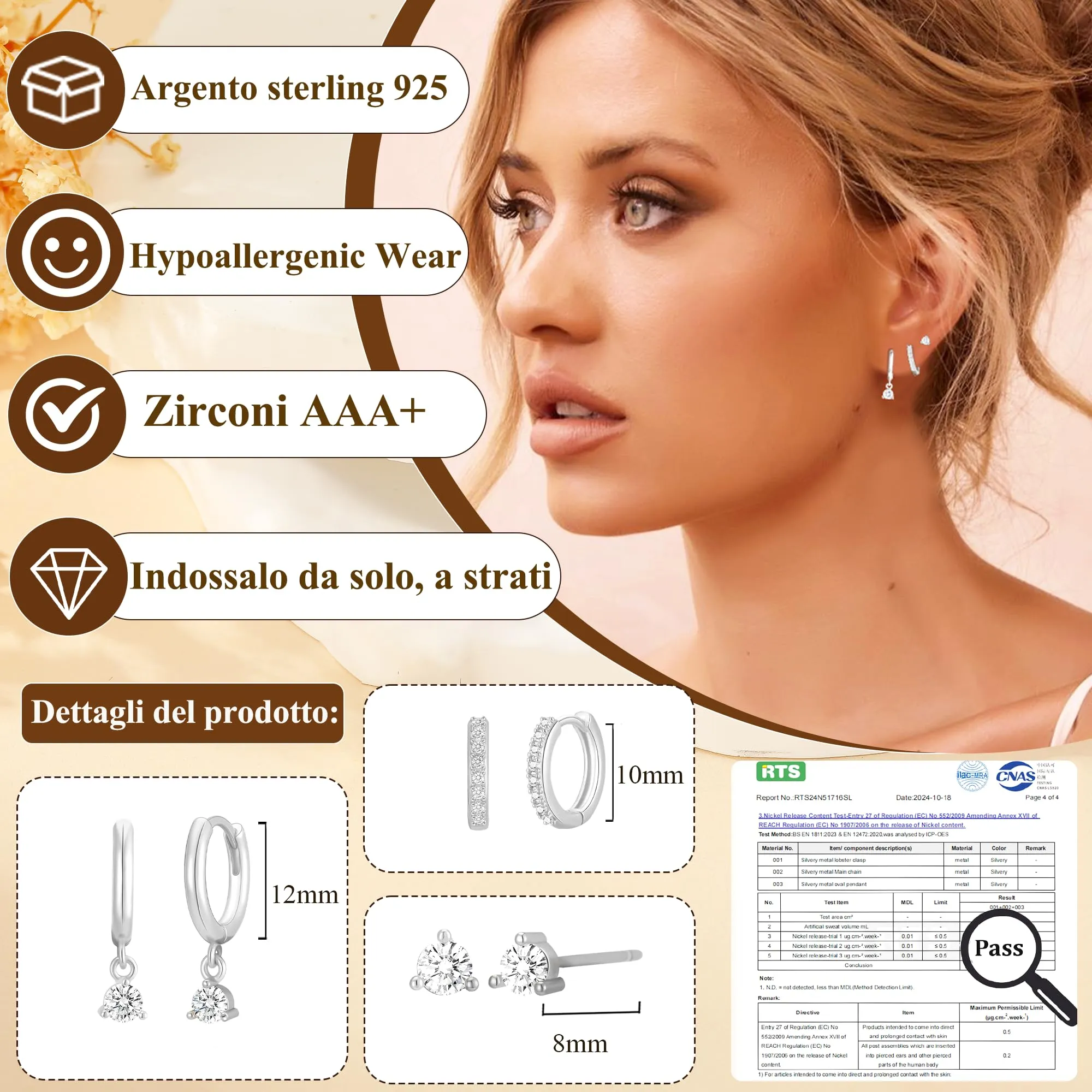 Rajputana Set di 3 Paia di Orecchini a Cerchio in Argento con Zirconi, Anallergici, RIV001 - immagine 2