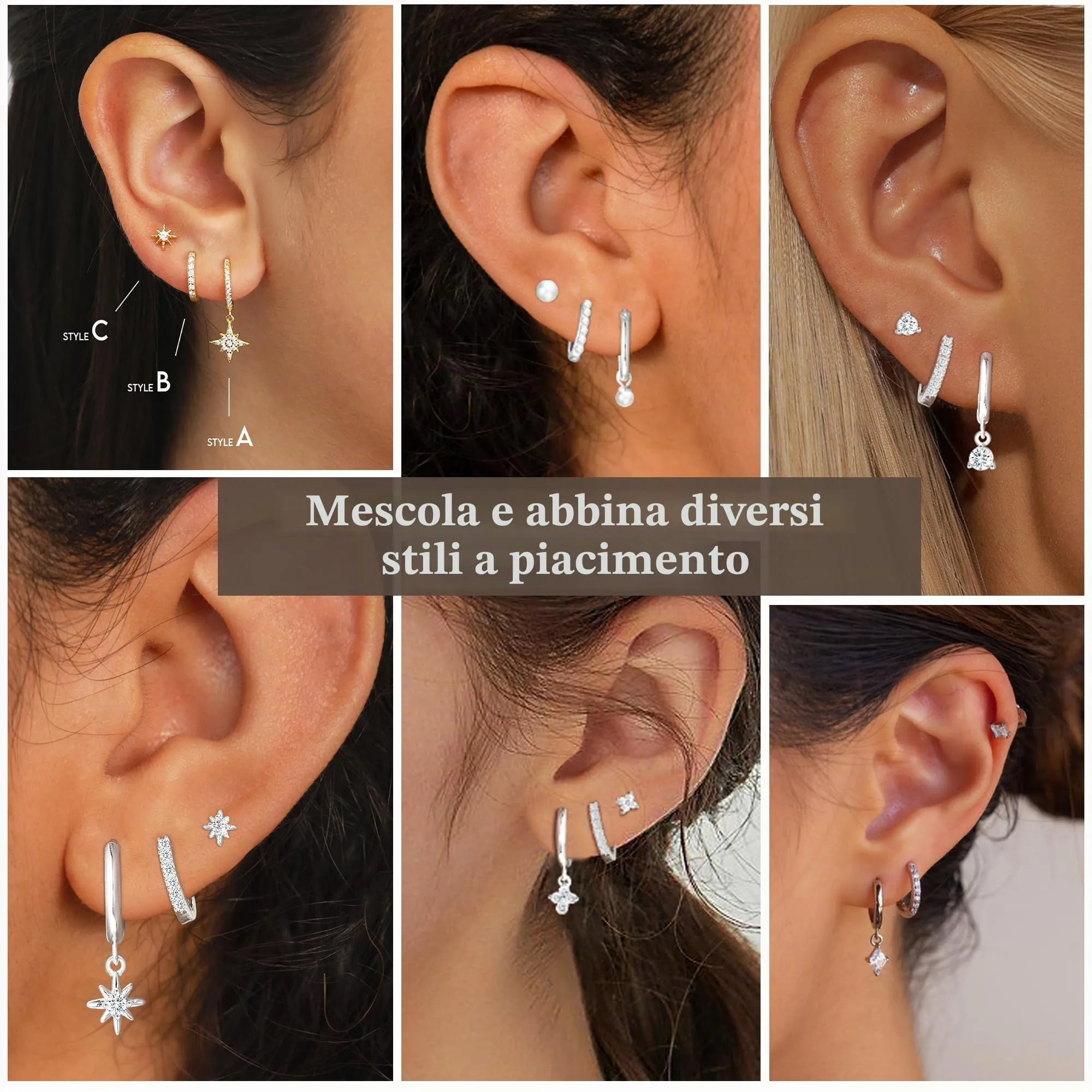 Rajputana Set di 3 Paia di Orecchini a Cerchio in Argento con Zirconi, Anallergici, RIV001 - immagine 3