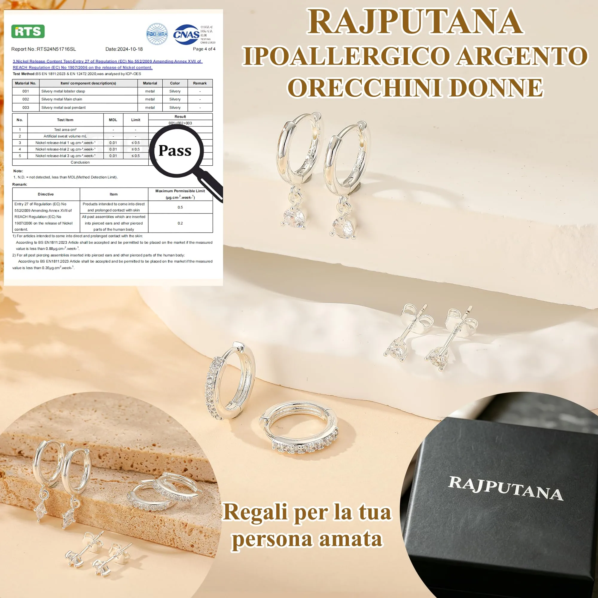 Rajputana Set di 3 Paia di Orecchini a Cerchio in Argento con Zirconi, Anallergici, RIV001 - immagine 4
