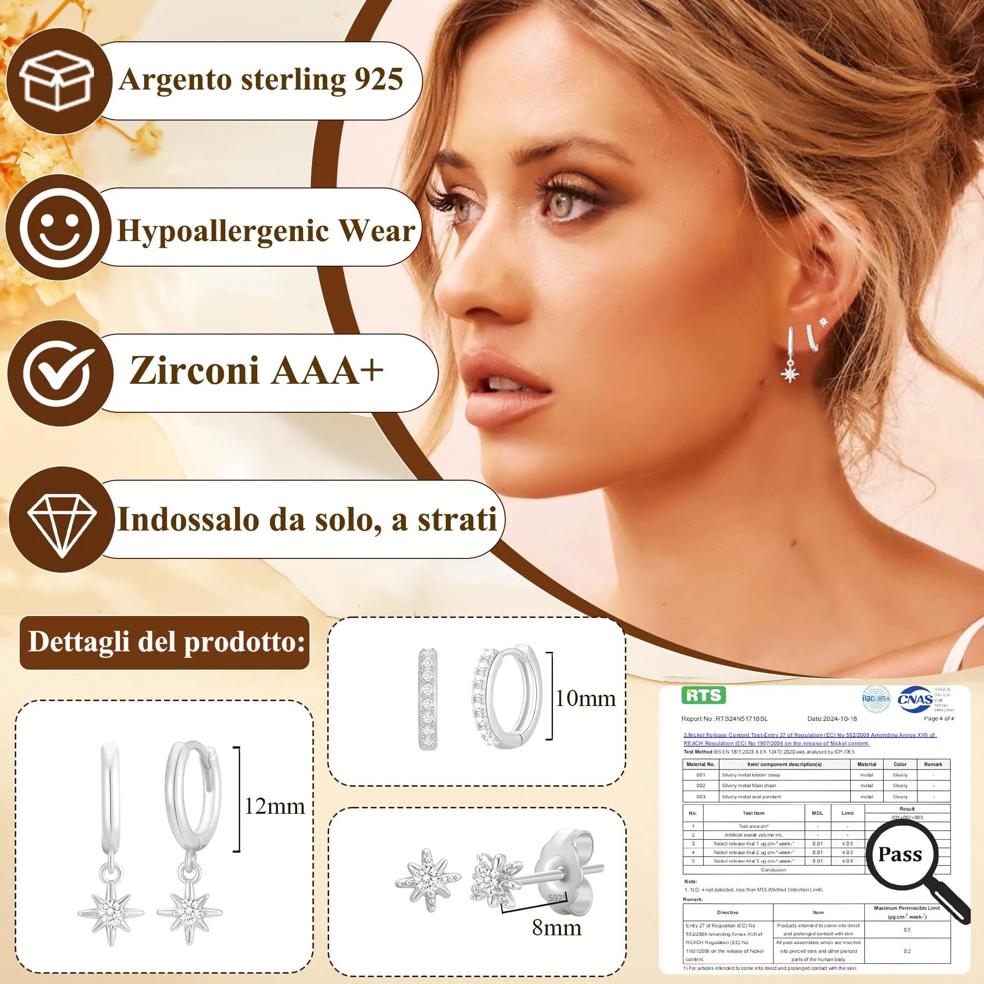 Rajputana Set 3 Paia Orecchini a Cerchio e Pendenti in Argento con Zirconi, Anallergici, RIV001 - immagine 2