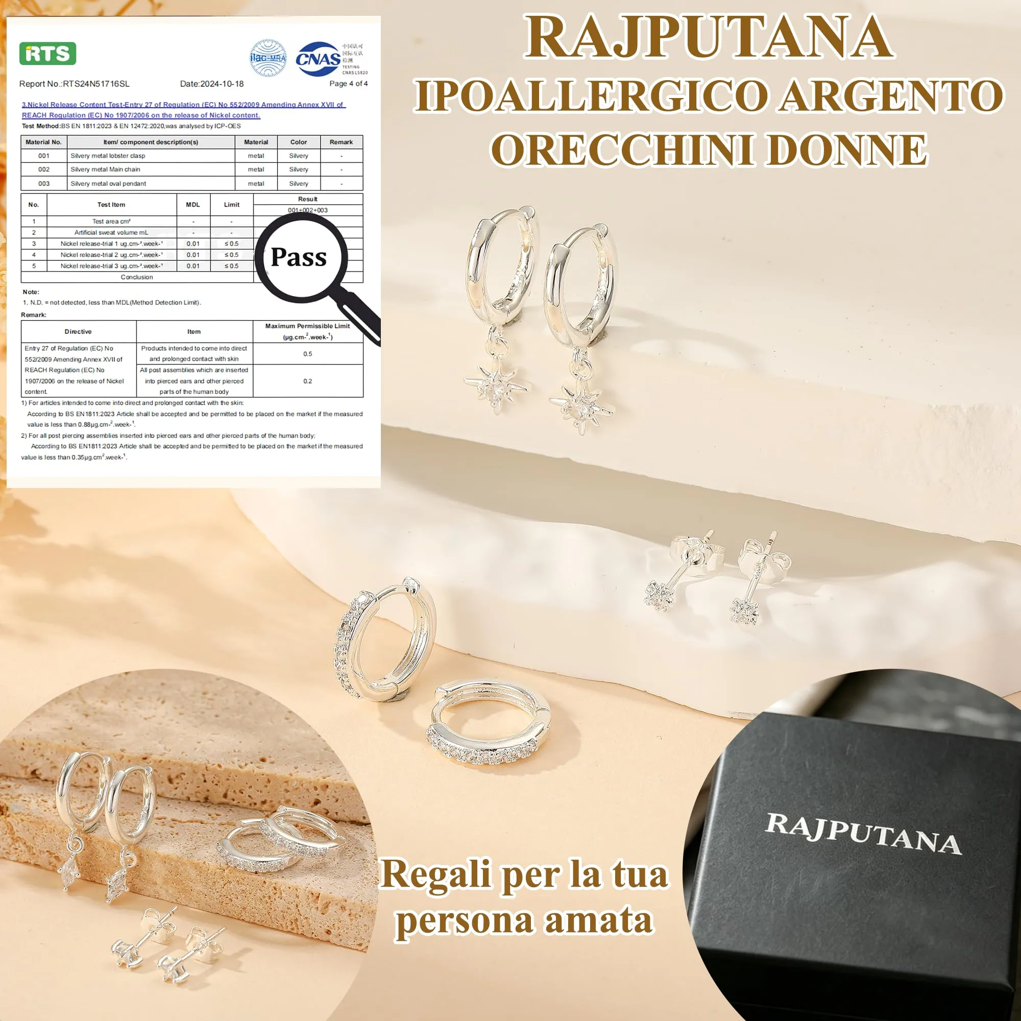 Rajputana Set 3 Paia Orecchini a Cerchio e Pendenti in Argento con Zirconi, Anallergici, RIV001 - immagine 4