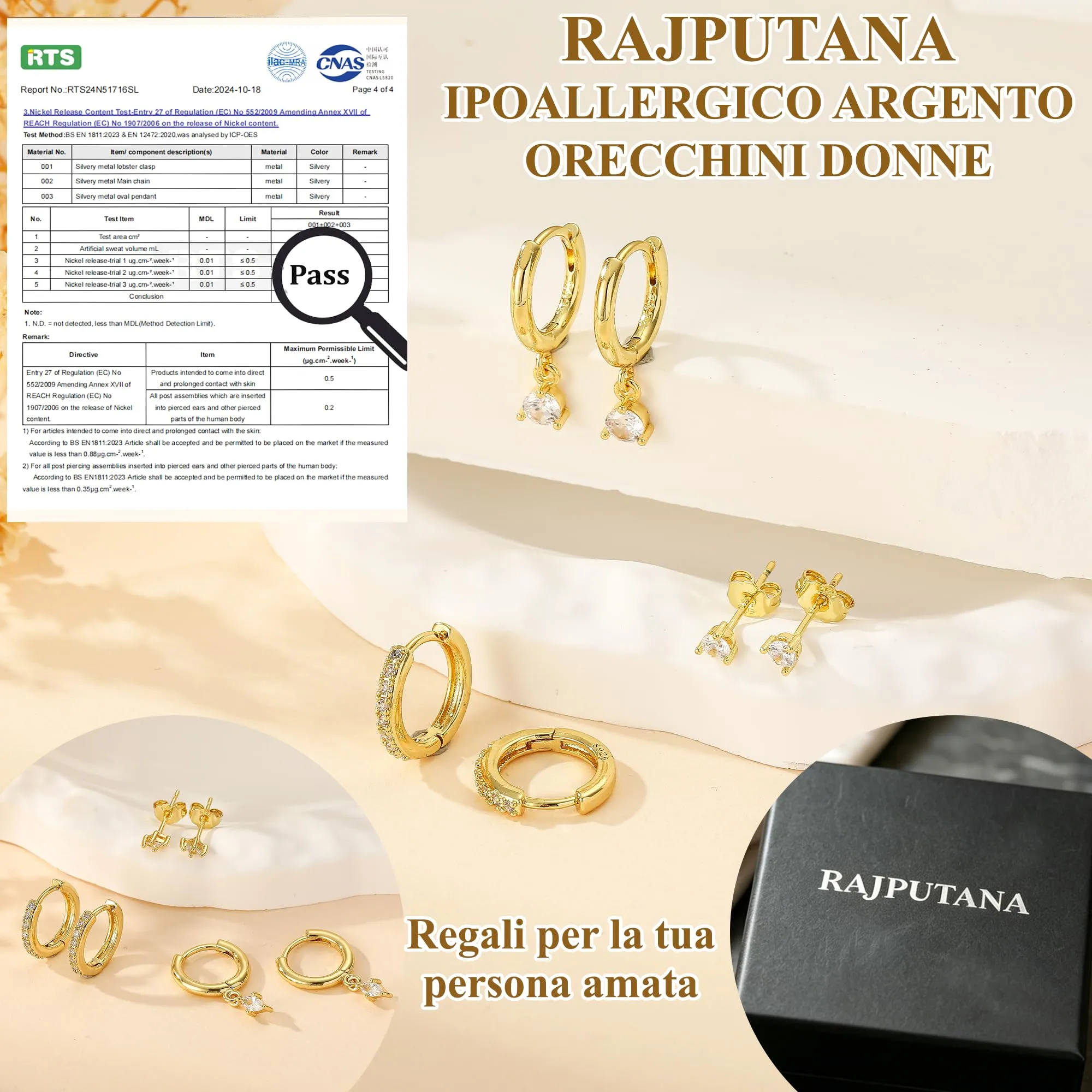 Rajputana Set di 3 Paia di Orecchini a Cerchio e Pendenti in Oro con Zirconi, Anallergici - immagine 4