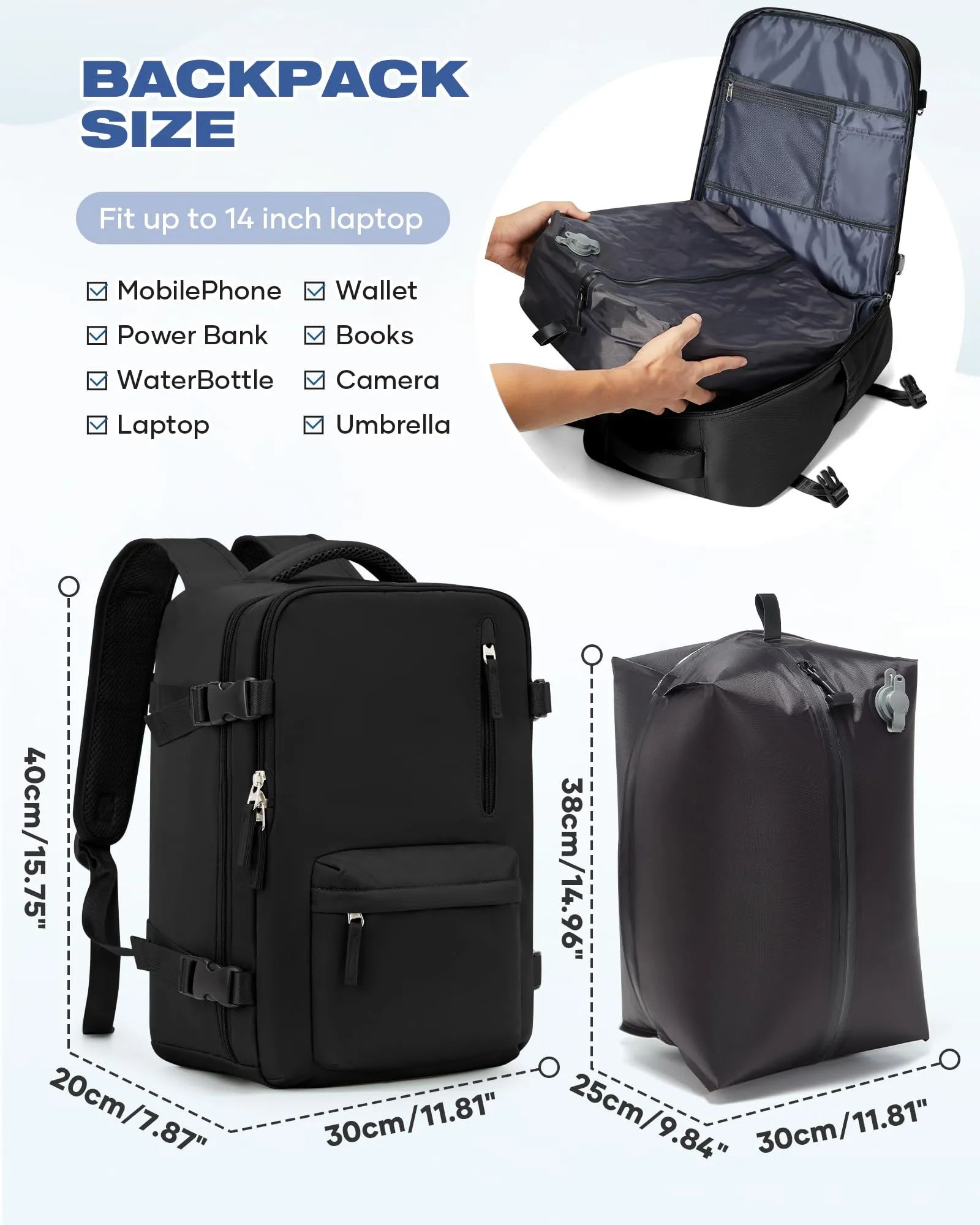 SZLX Zaino da Viaggio Sottovuoto con Pompa 40x30x20 per Ryanair, Wizzair, Easyjet, Impermeabile per Laptop 14 Pollici - immagine 4