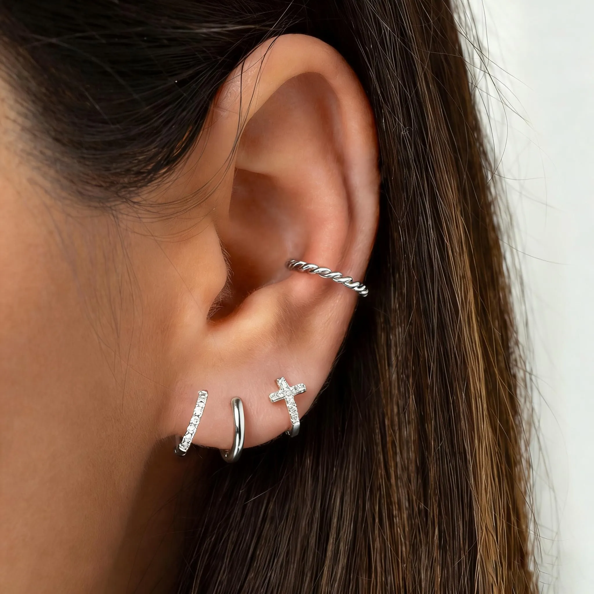 Rajputana Set di 3 Paia di Orecchini a Cerchio in Argento Ipoallergenici per Donna, 8mm 10mm 12mm - immagine 2