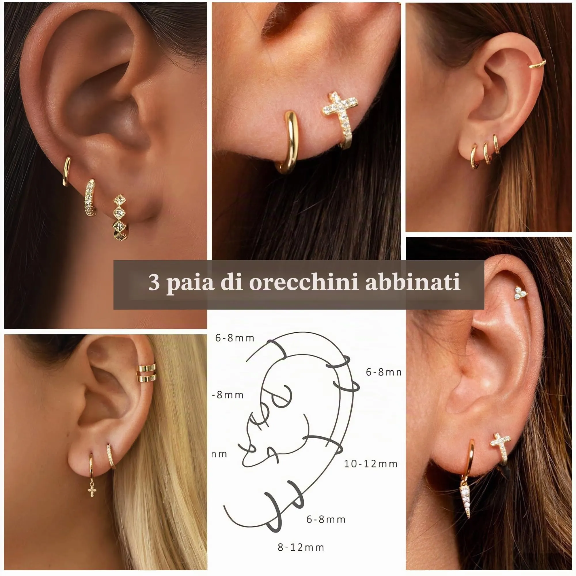 Rajputana Set di 3 Paia di Orecchini a Cerchio in Argento Ipoallergenici per Donna, 8mm 10mm 12mm - immagine 3