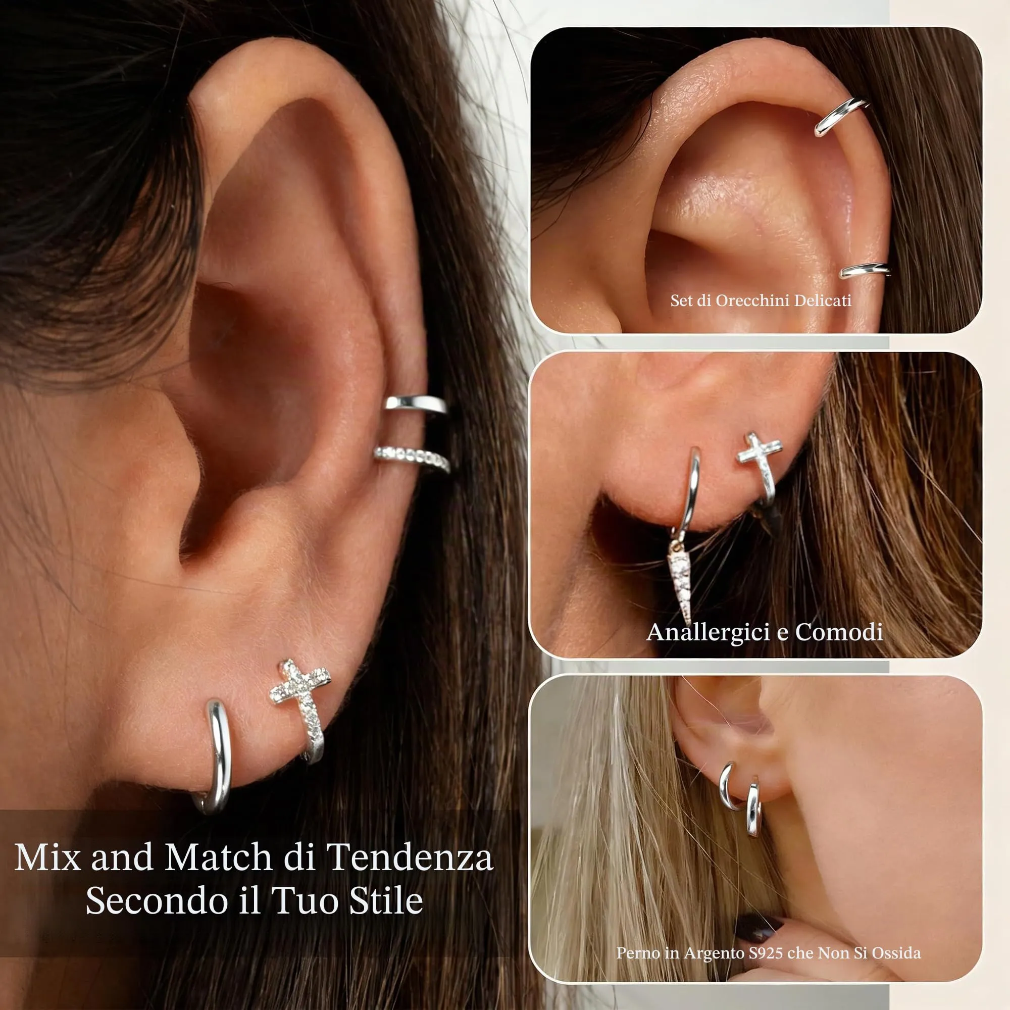 Rajputana Set di 3 Paia di Orecchini a Cerchio in Argento Ipoallergenici per Donna, 8mm 10mm 12mm - immagine 4