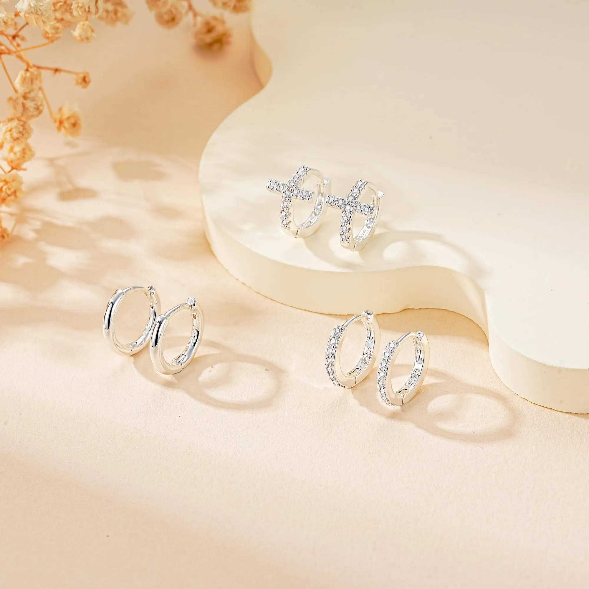 Rajputana Set di 3 Paia di Orecchini a Cerchio in Argento Ipoallergenici per Donna, 8mm 10mm 12mm - immagine 5