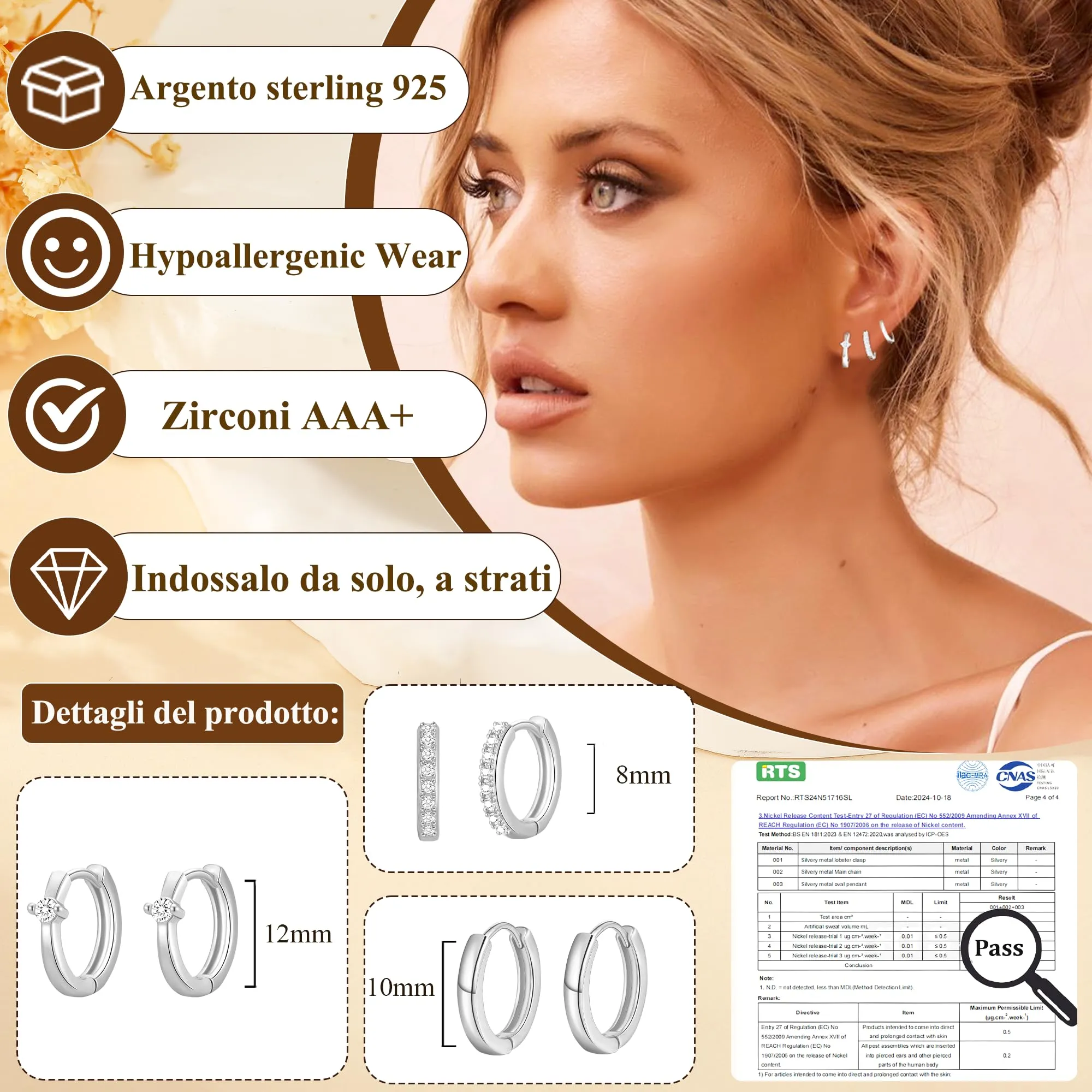 Rajputana Set 3 Paia Orecchini a Cerchio Piccoli in Argento Ipoallergenici per Donna - immagine 2