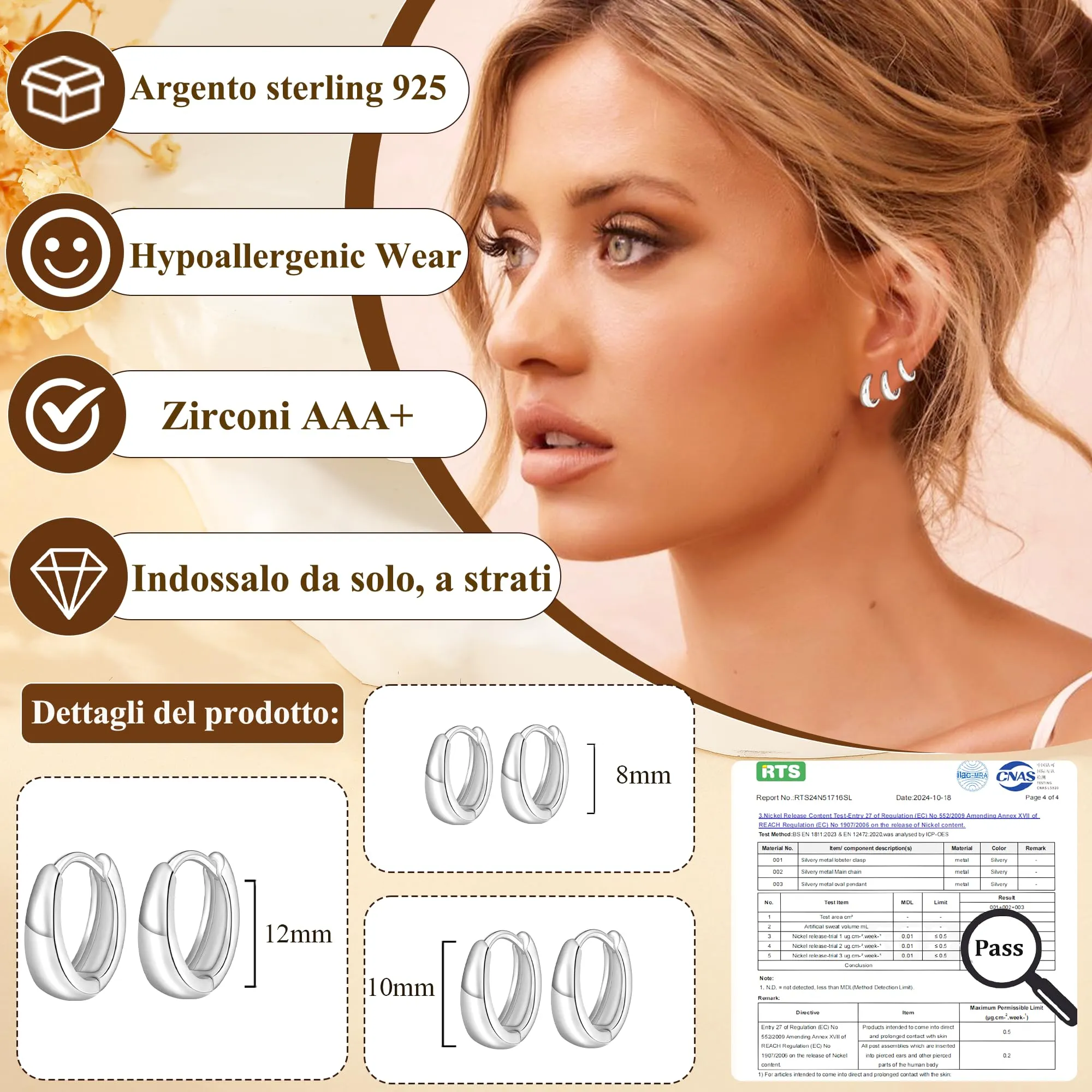 Rajputana Set di 3 Paia di Orecchini a Cerchio Piccoli in Argento Ipoallergenici per Donna, 8mm 10mm 12mm - immagine 2