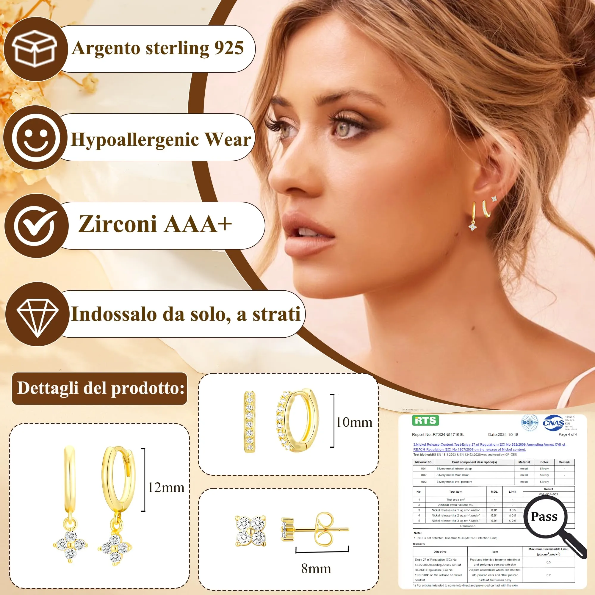 Rajputana Set di 3 Paia di Orecchini a Cerchio in Oro con Zirconi, Anallergici, Modello RIV001 - immagine 2