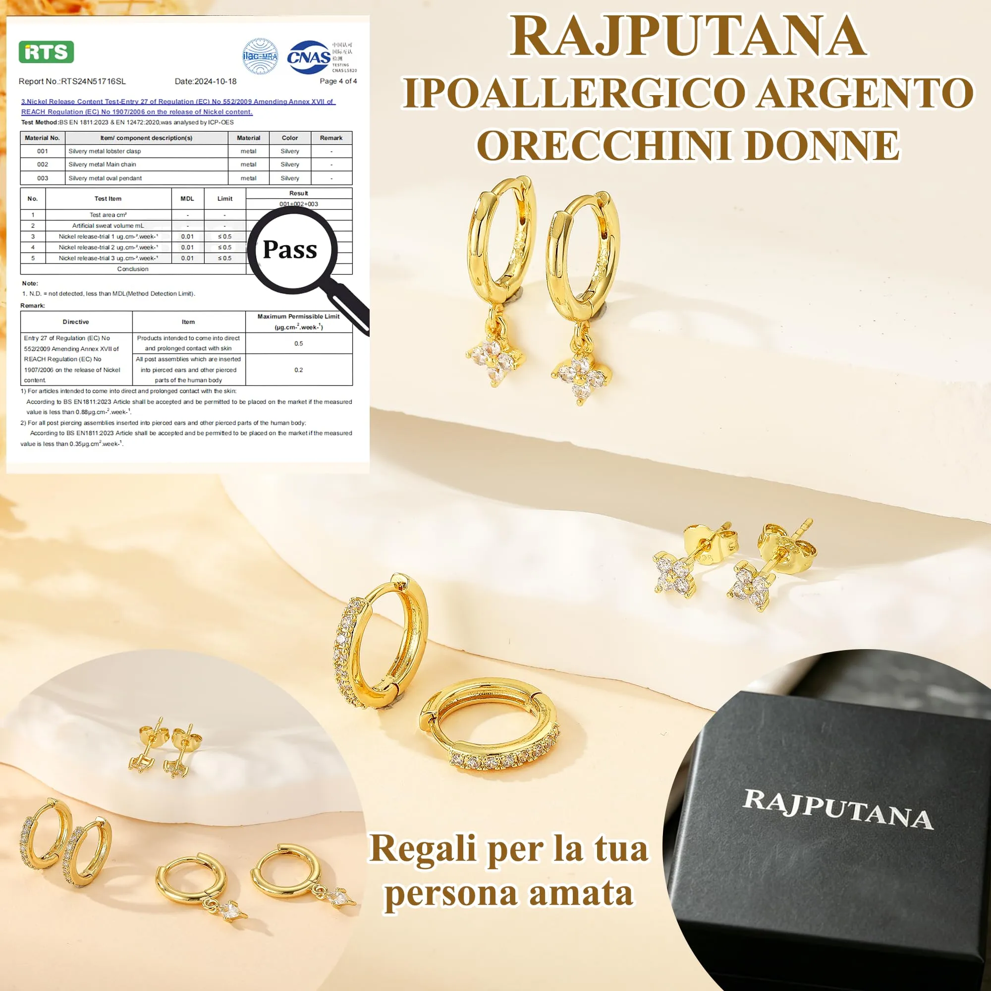 Rajputana Set di 3 Paia di Orecchini a Cerchio in Oro con Zirconi, Anallergici, Modello RIV001 - immagine 4