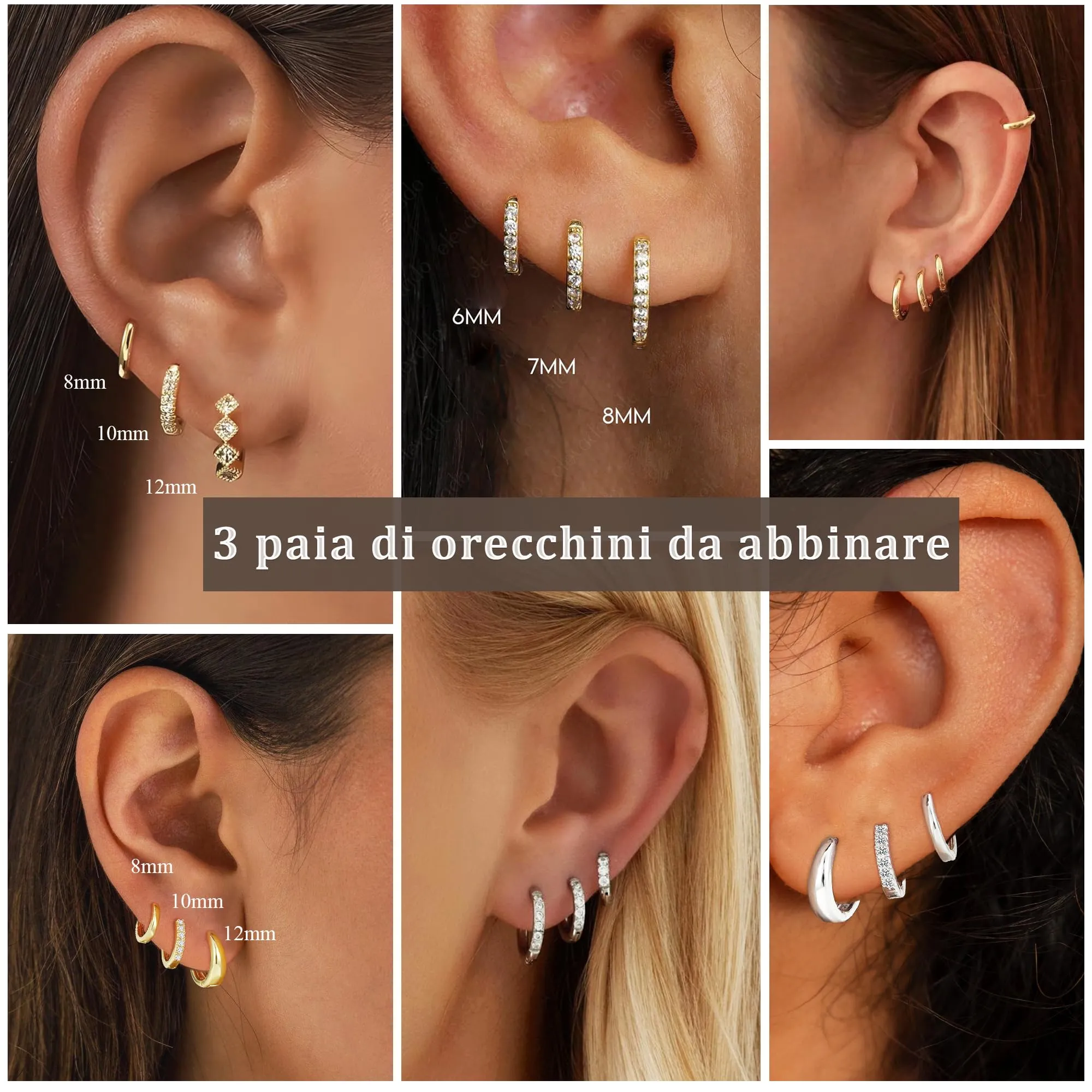 Rajputana Set 3 Paia Orecchini a Cerchio Donna Oro, 8mm 10mm 12mm, Ipoallergenici - immagine 3