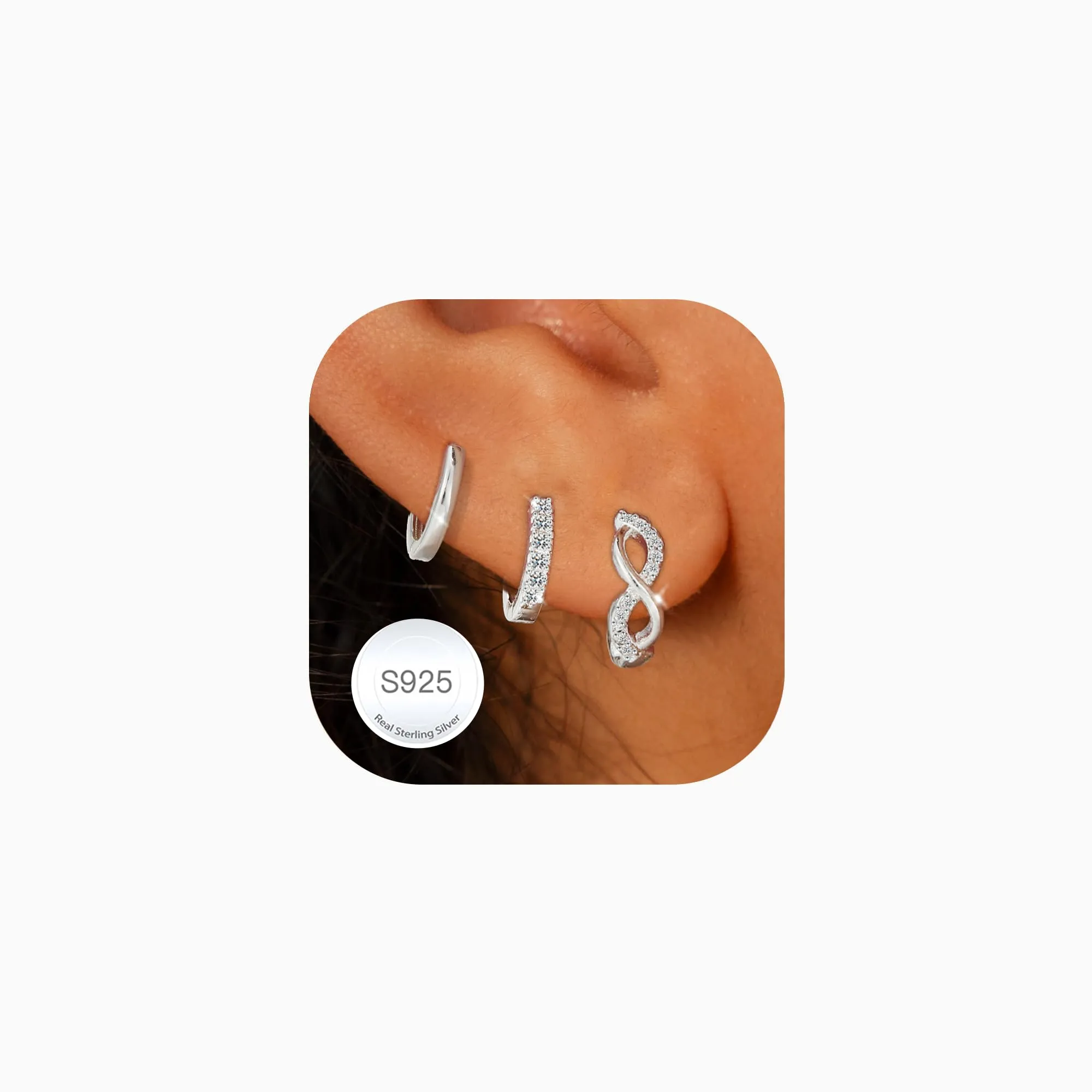 Rajputana Set di 3 Paia di Orecchini a Cerchio in Argento Ipoallergenici per Donna, 8mm 10mm 12mm - immagine 1