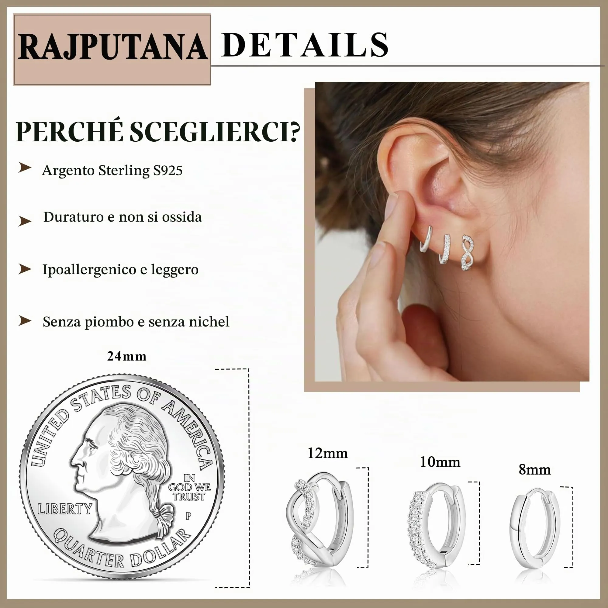 Rajputana Set di 3 Paia di Orecchini a Cerchio in Argento Ipoallergenici per Donna, 8mm 10mm 12mm - immagine 4