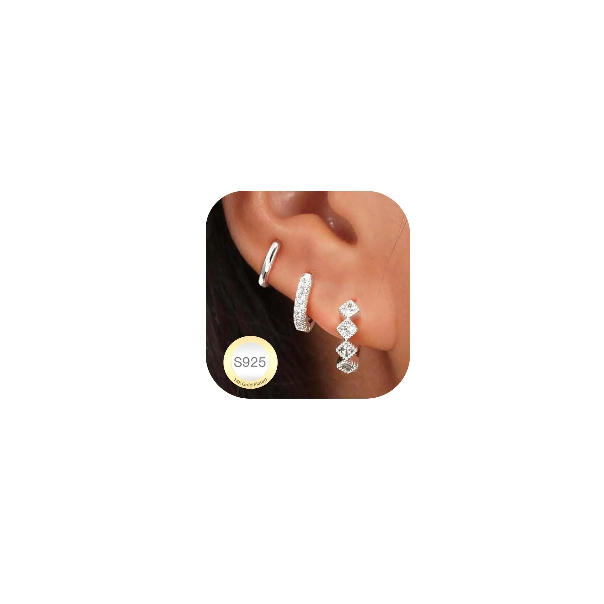 Rajputana Set 3 Paia Orecchini a Cerchio Donna in Argento Ipoallergenici 8mm 10mm 12mm - immagine 1