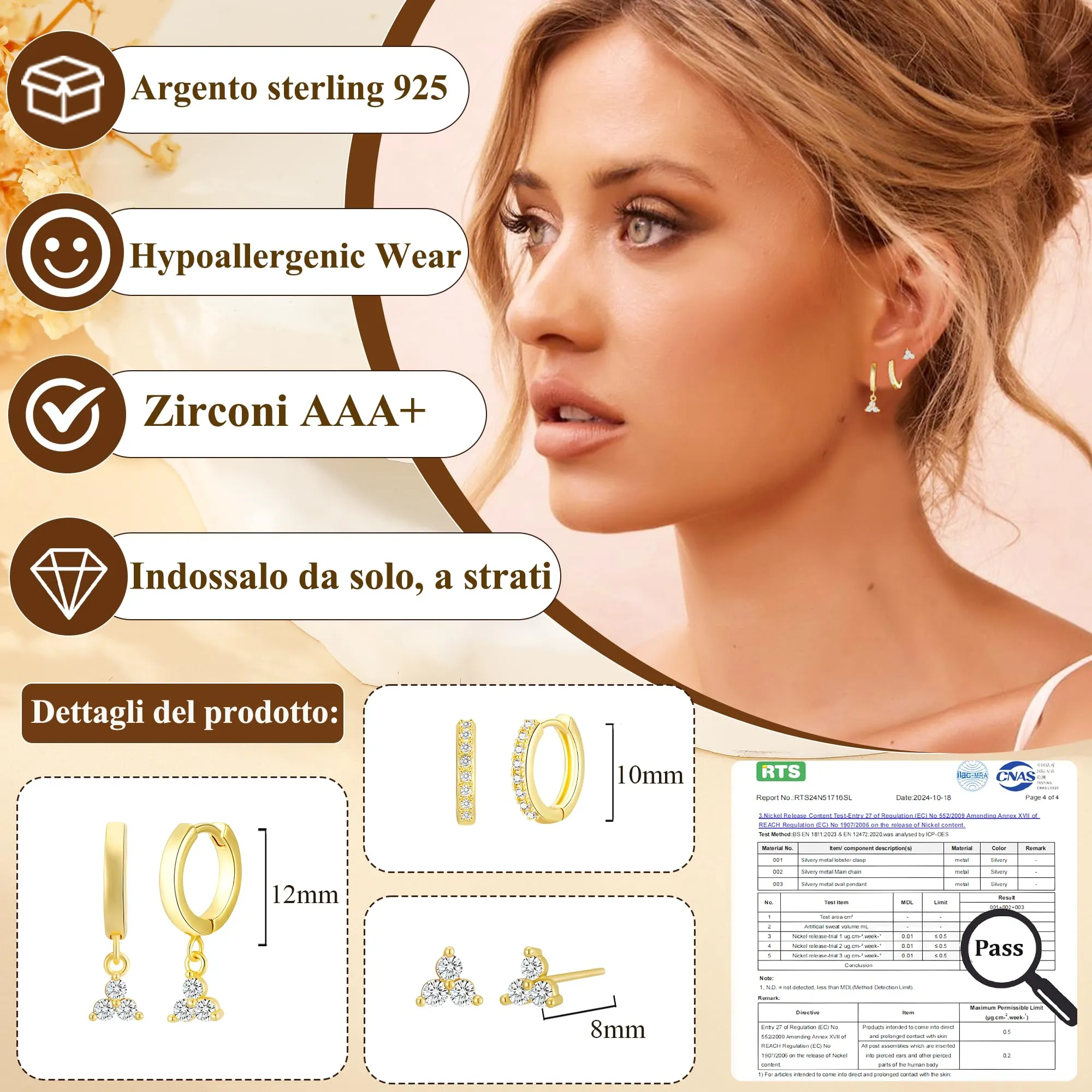 Rajputana Set 3 Paia Orecchini a Cerchio e Pendenti in Oro, Anallergici, Modello RIV001 - immagine 2