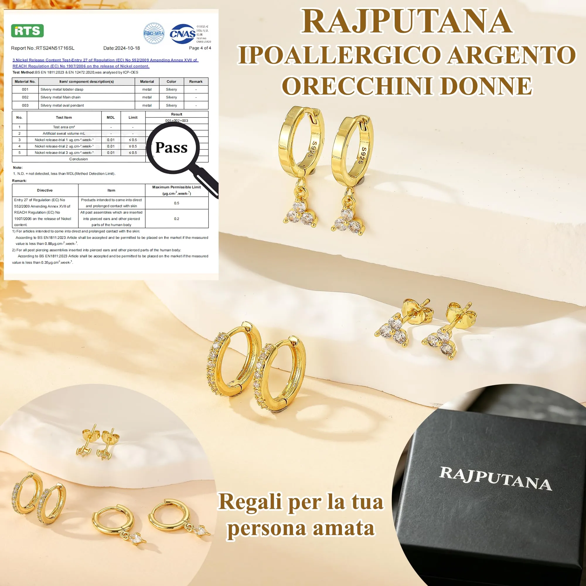 Rajputana Set 3 Paia Orecchini a Cerchio e Pendenti in Oro, Anallergici, Modello RIV001 - immagine 4
