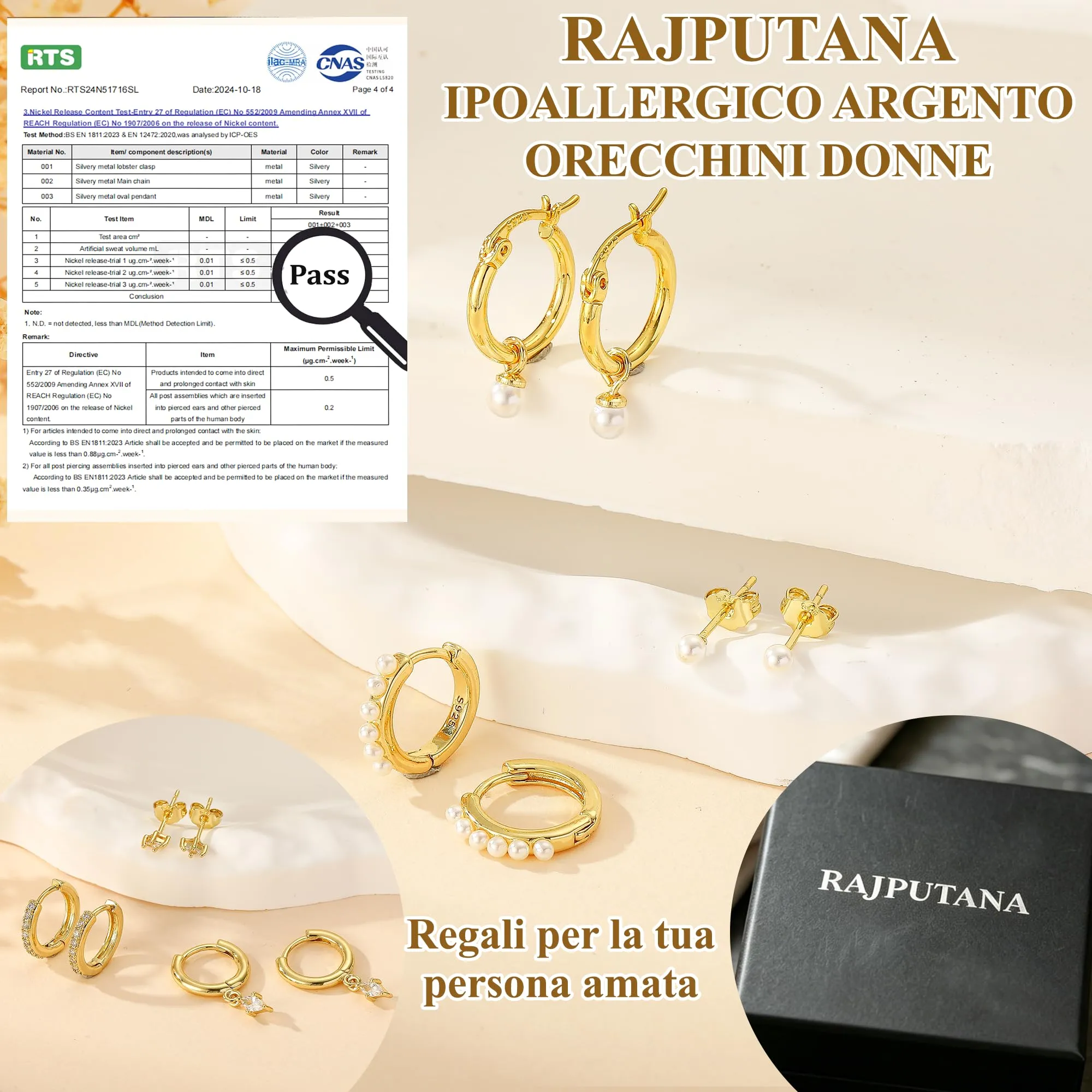 Rajputana Set di 3 Paia di Orecchini a Cerchio e Pendenti in Oro con Zirconi, Anallergici - immagine 4