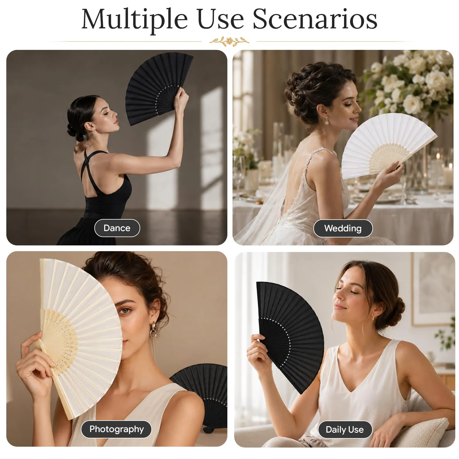Ourdort Ventaglio Pieghevole, 2 Nero e 2 Bianco, Set da 4 Pezzi - immagine 7