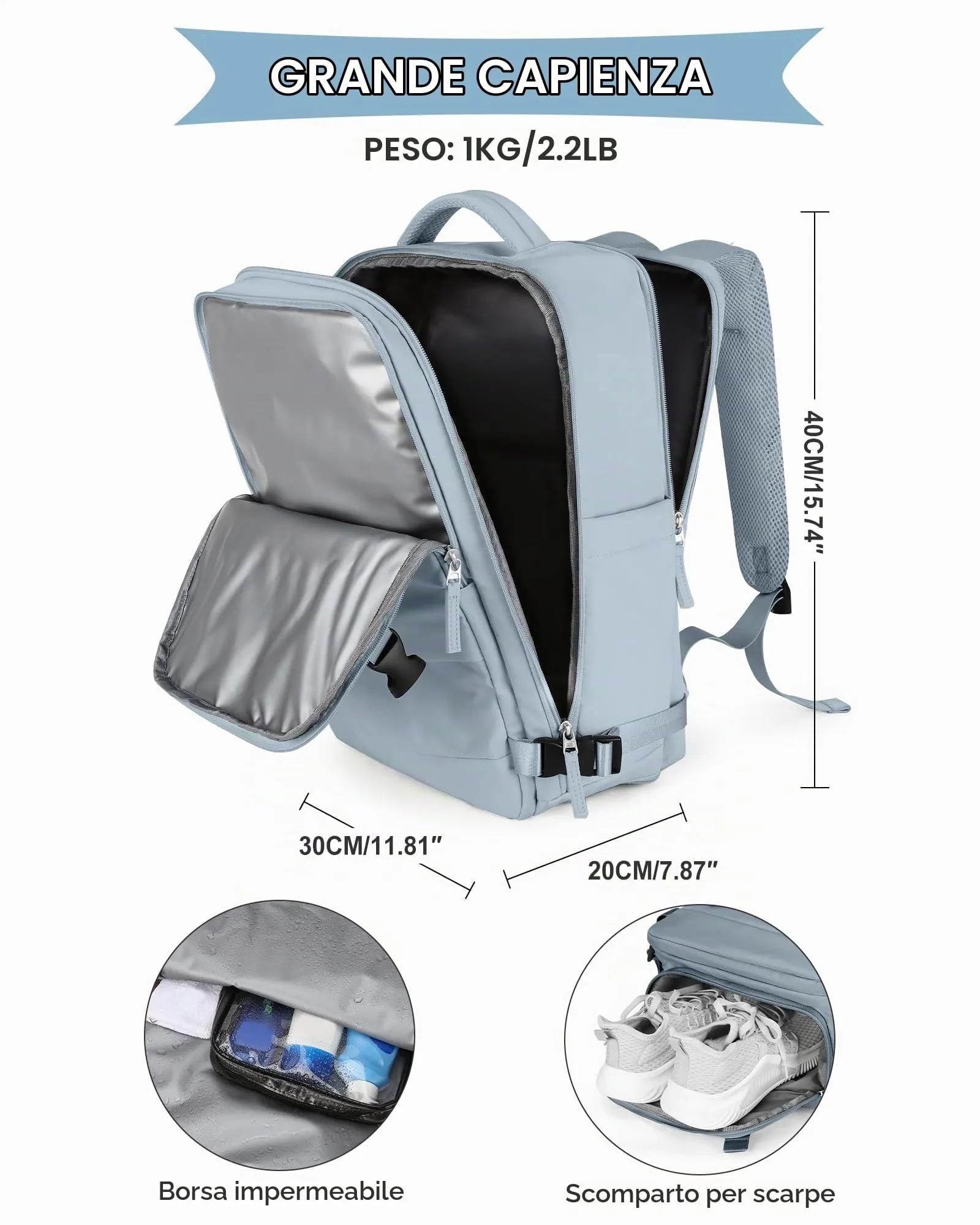 SZLX Zaino da Viaggio 40x30x20 per Ryanair e Wizzair, Impermeabile con Scomparto per Scarpe e Laptop 14 Pollici - immagine 4