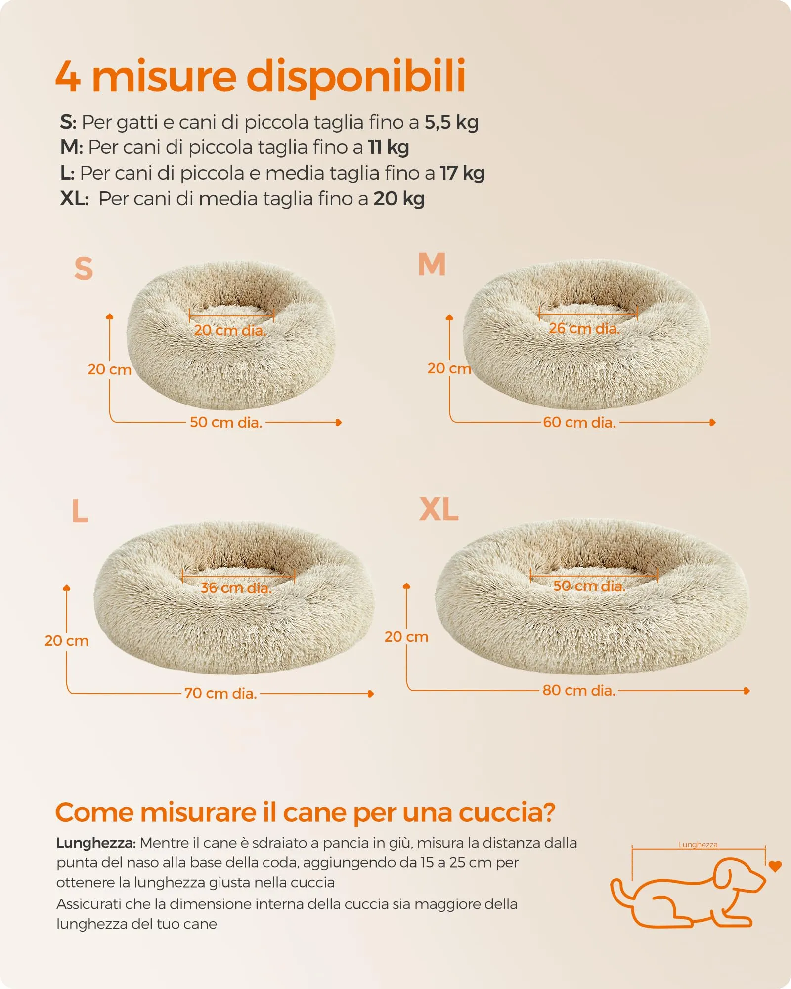 Feandrea Cuccia a Ciambella per Cani e Gatti, Cuscino Sfoderabile e Lavabile, Diametro 50 cm, Cachi Ombré PGW037S01 - immagine 4