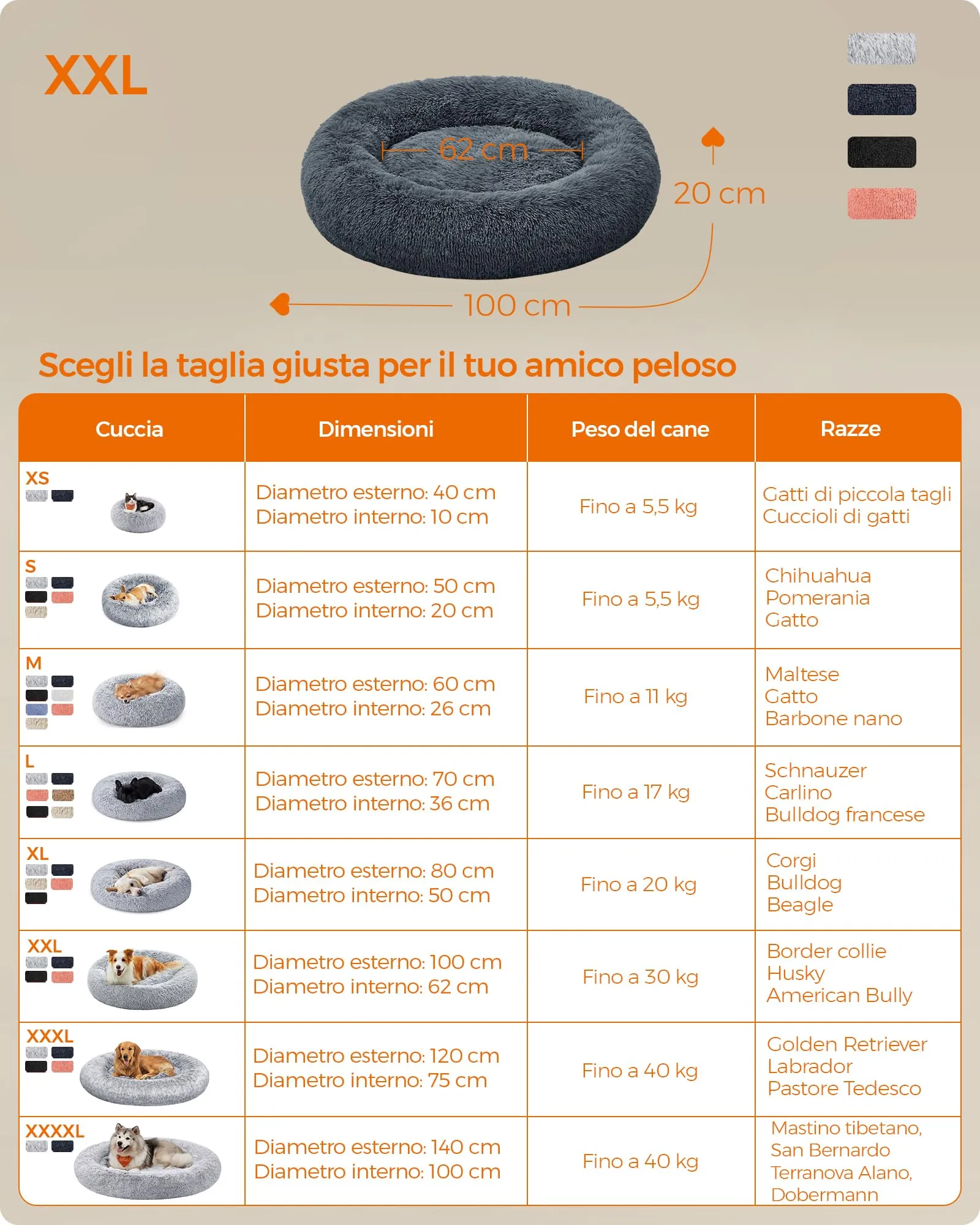 Feandrea Cuccia Cane a Ciambella, Grigio Scuro, 100 cm - immagine 4