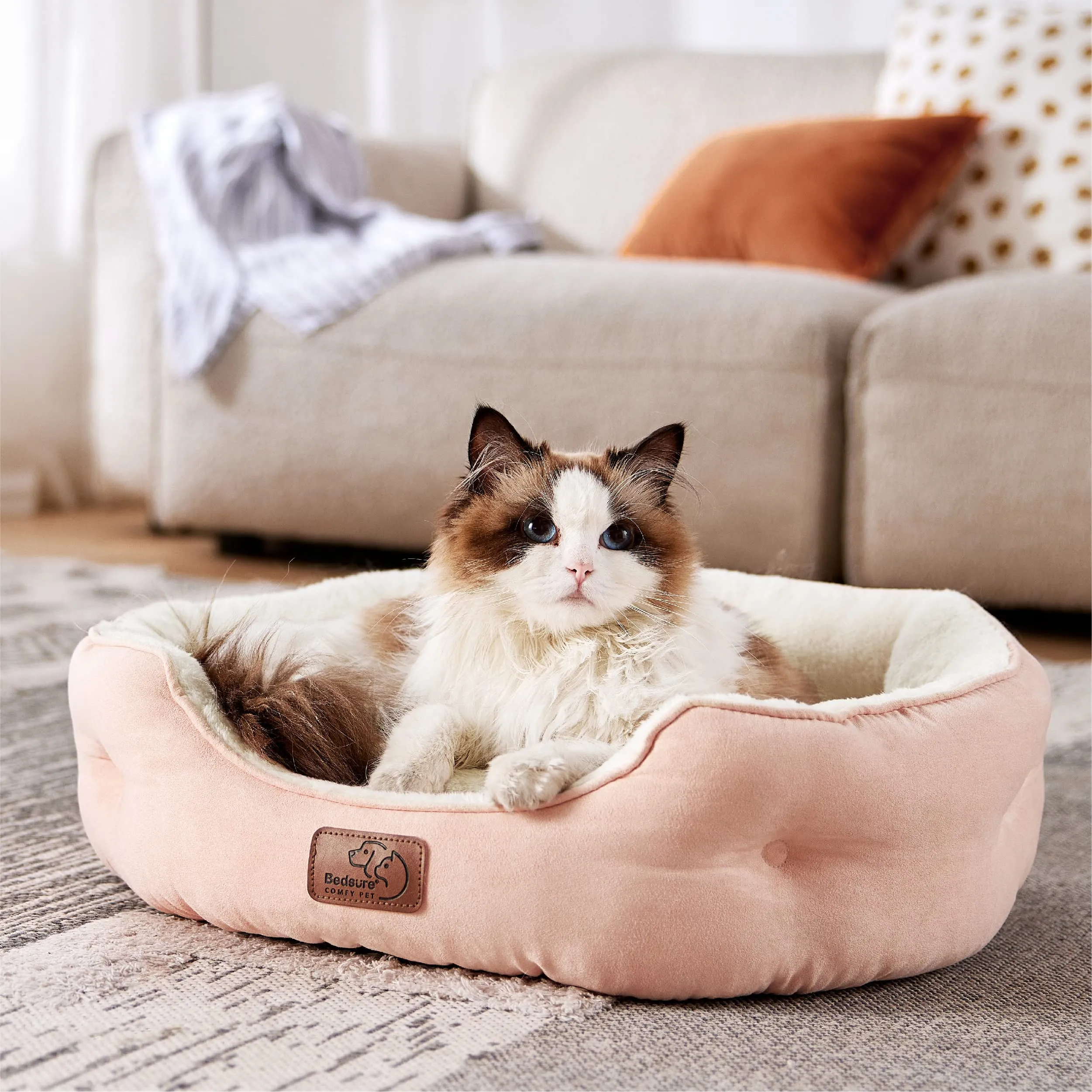 Bedsure Letto per Cani e Gatti Rotondo, Lavabile, Fondo Antiscivolo, Rosa, 51 x 48 x 15cm - immagine 2