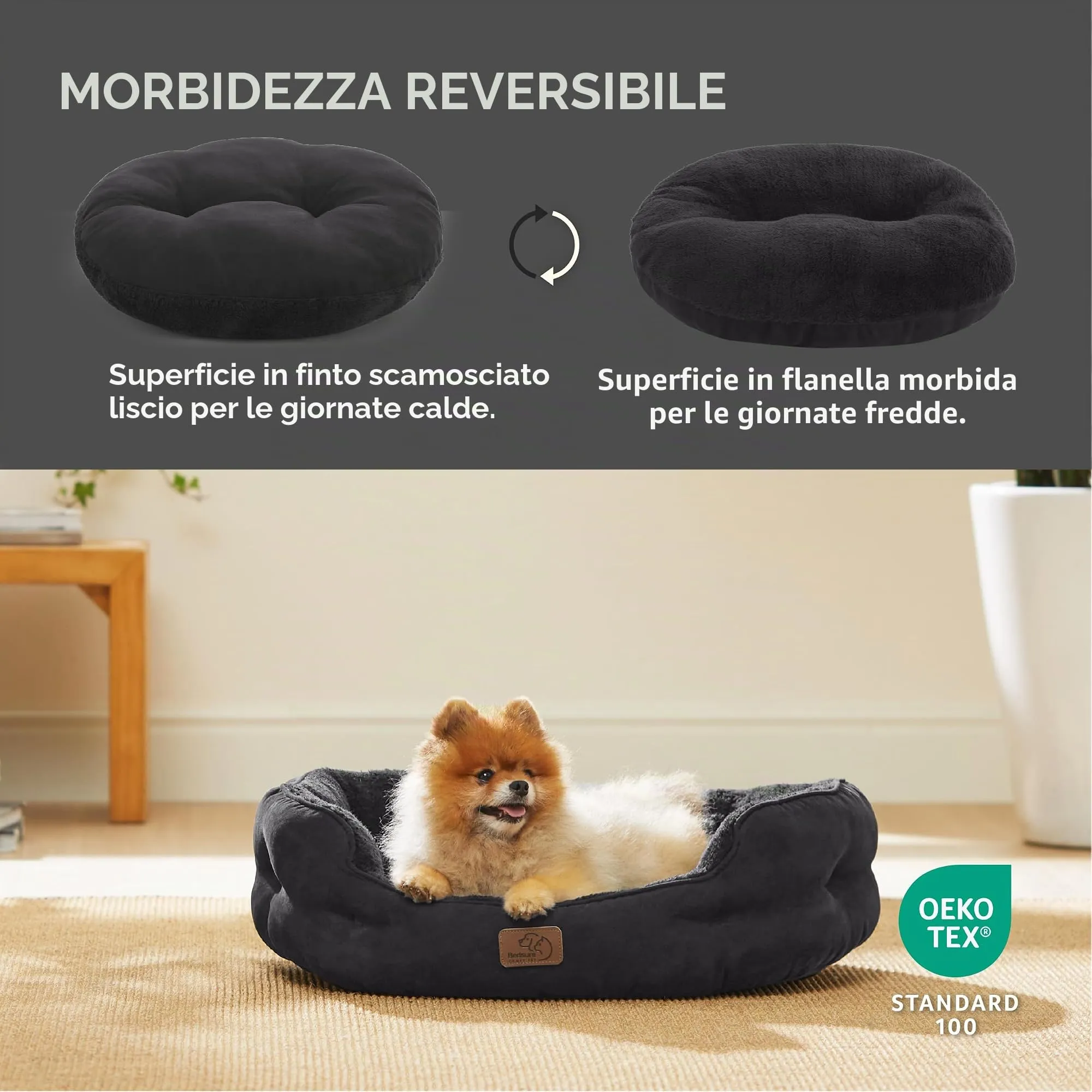 Bedsure Letto Rotondo per Cani e Gatti, Lavabile con Fondo Antiscivolo, Nero, 63 x 53 x 20 cm - immagine 2