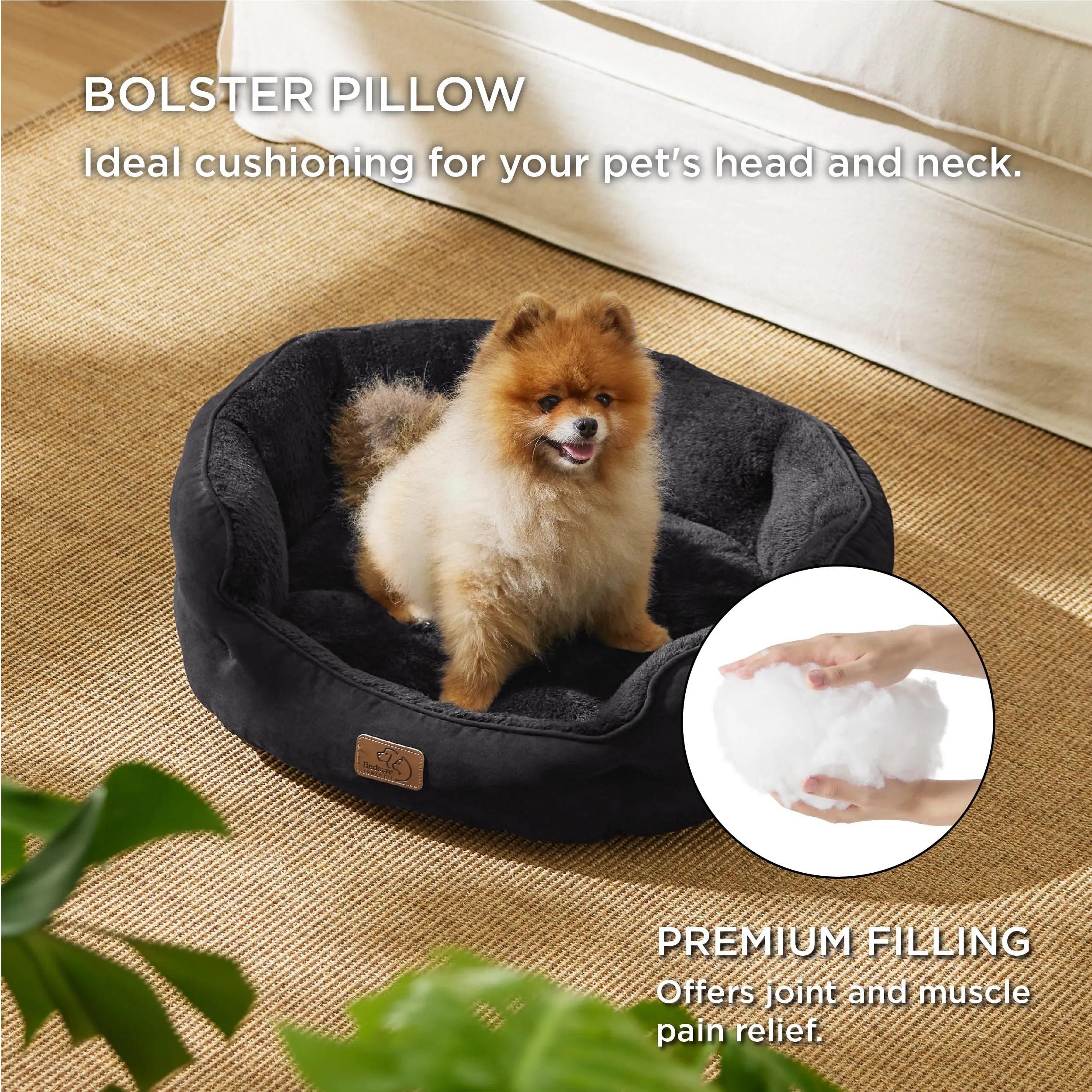 Bedsure Letto Rotondo per Cani e Gatti, Lavabile con Fondo Antiscivolo, Nero, 63 x 53 x 20 cm - immagine 3