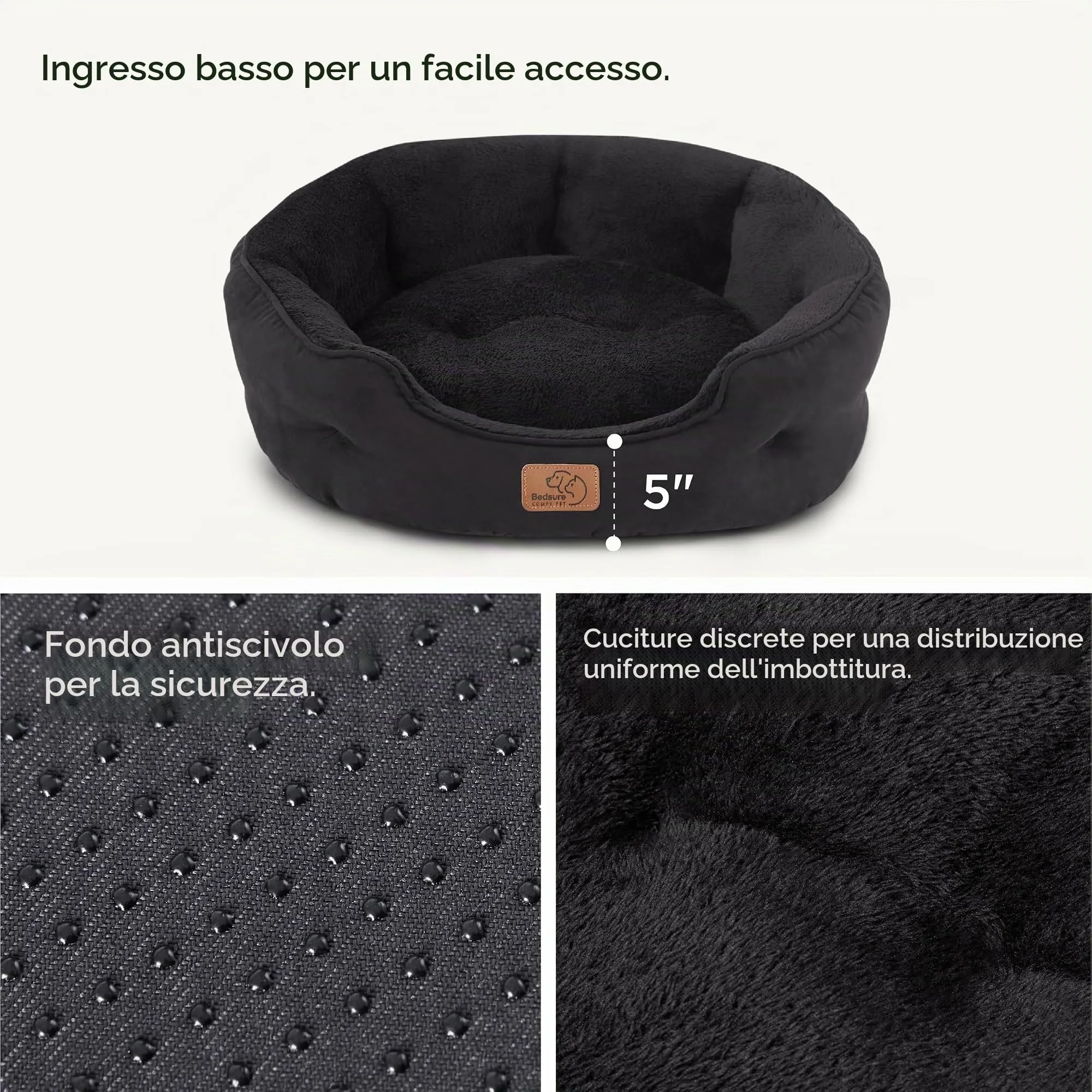 Bedsure Letto Rotondo per Cani e Gatti, Lavabile con Fondo Antiscivolo, Nero, 63 x 53 x 20 cm - immagine 4