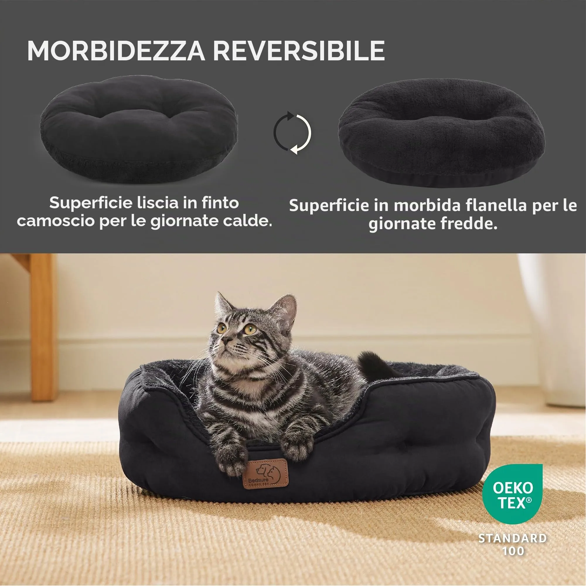 Bedsure Letto per Cani Piccoli e Gatti, Rotondo con Fondo Antiscivolo, Lavabile, Nero - immagine 2